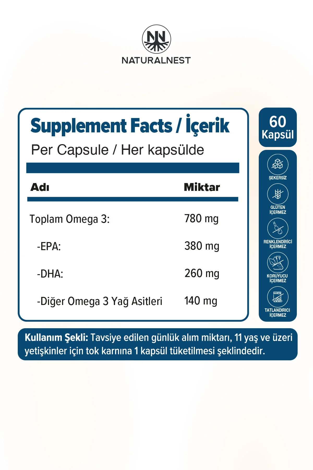 Omega 3 780 mg - 380 mg EPA - 260 DHA 60 Kapsül