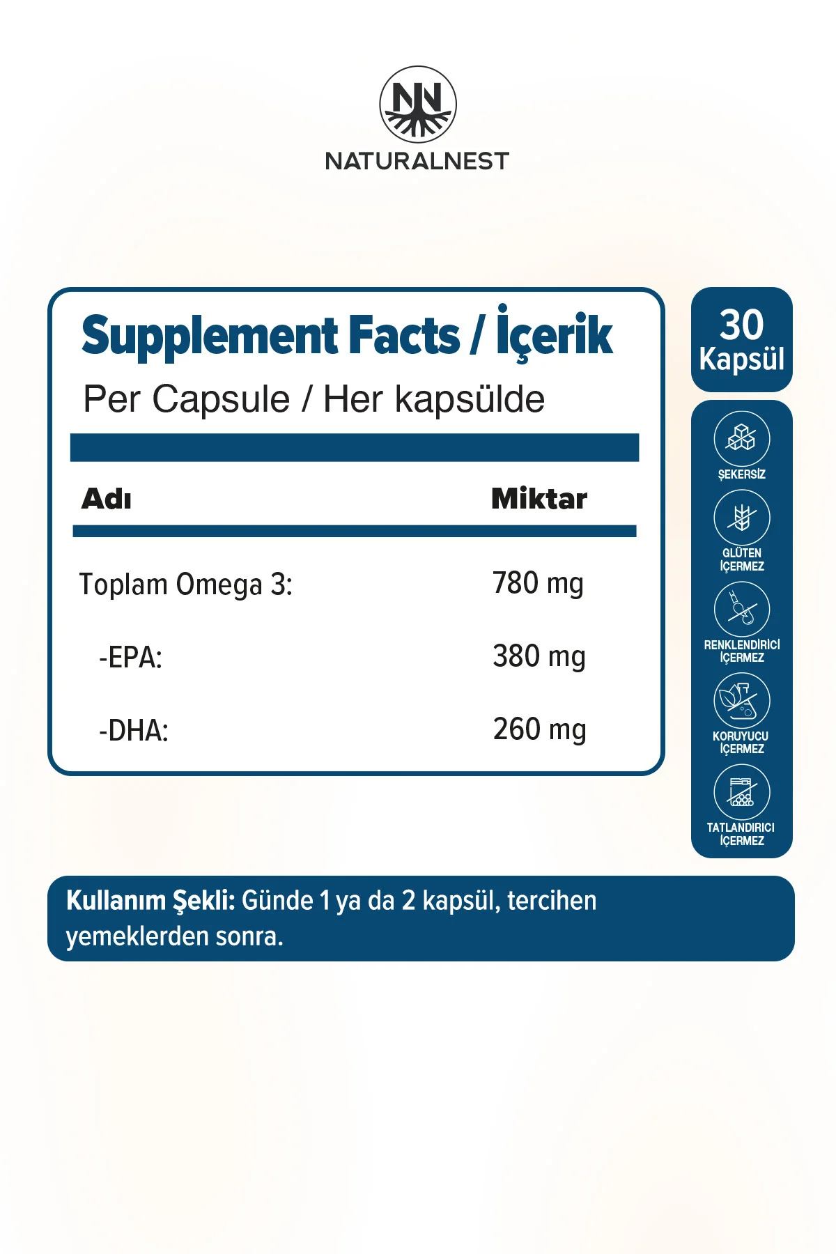 Omega 3 780 mg- 380 mg EPA- 260 mg DHA 30 Kapsül