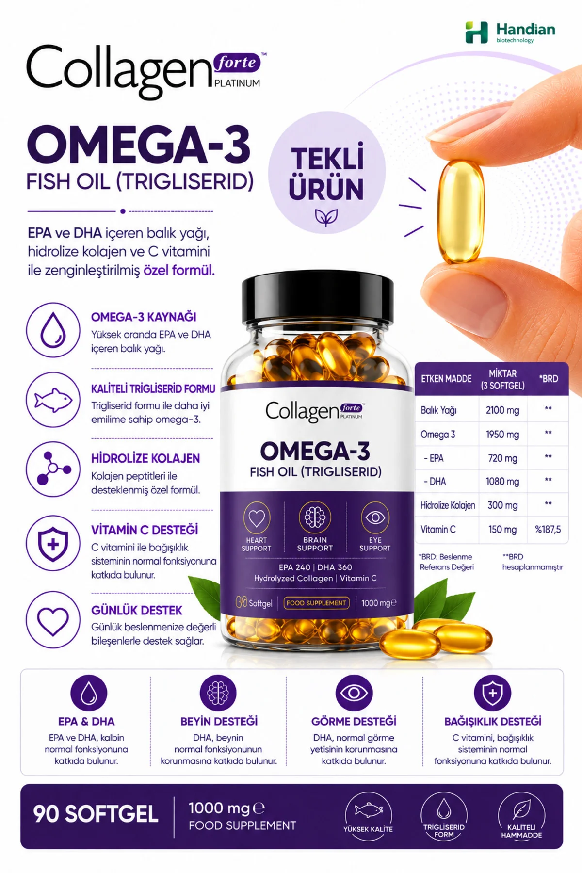 Omega-3 Balık Yağı 90 X 1000mg Softgel, Hidrolize Kolajen & C Vitamini
