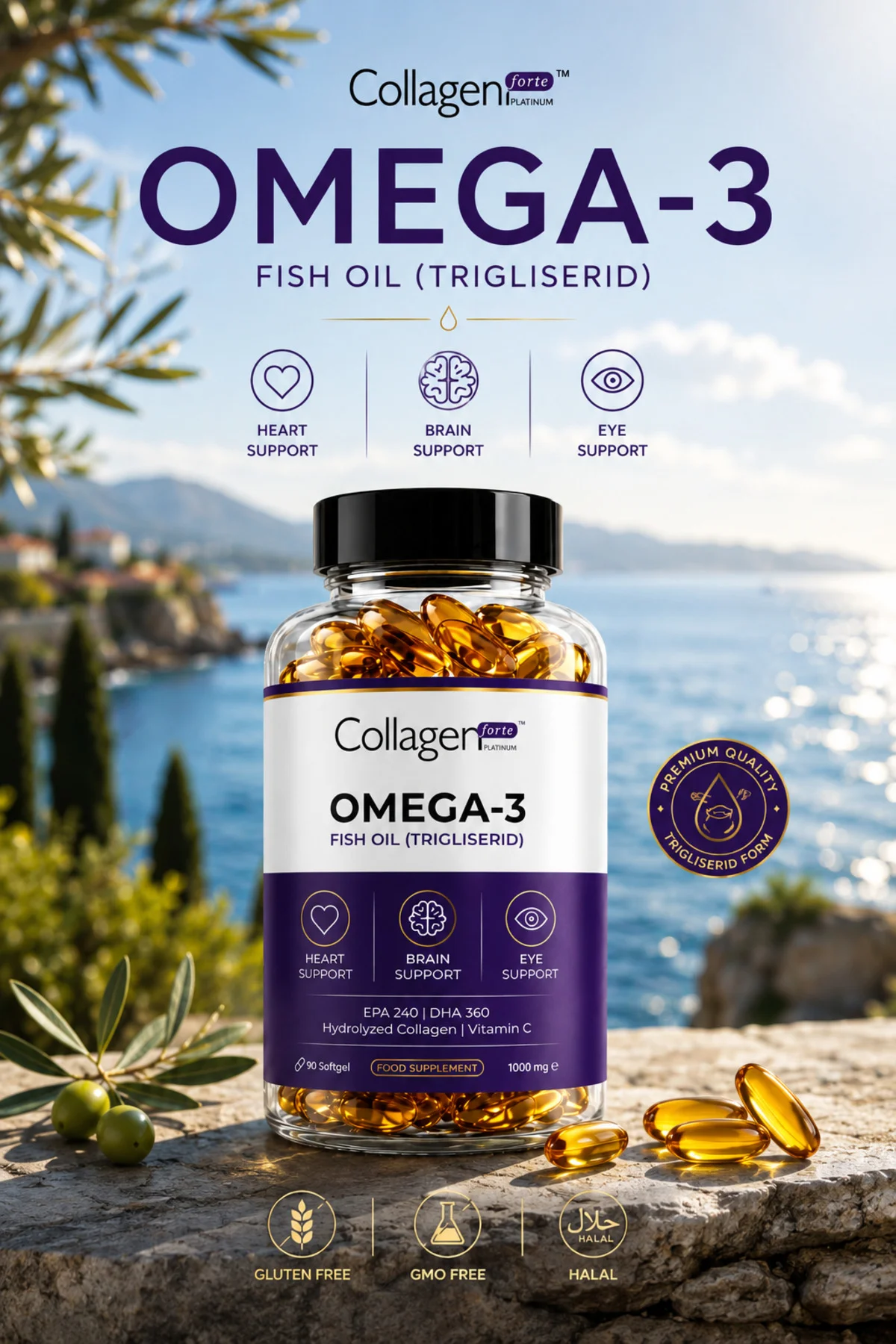 Omega-3 Balık Yağı 90 X 1000mg Softgel, Hidrolize Kolajen & C Vitamini