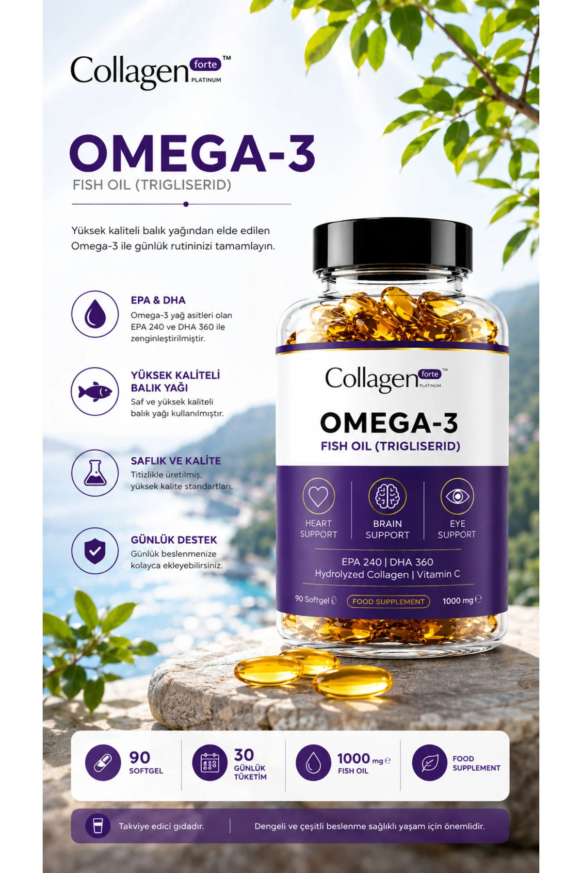 Omega-3 Balık Yağı 90 X 1000mg Softgel, Hidrolize Kolajen & C Vitamini
