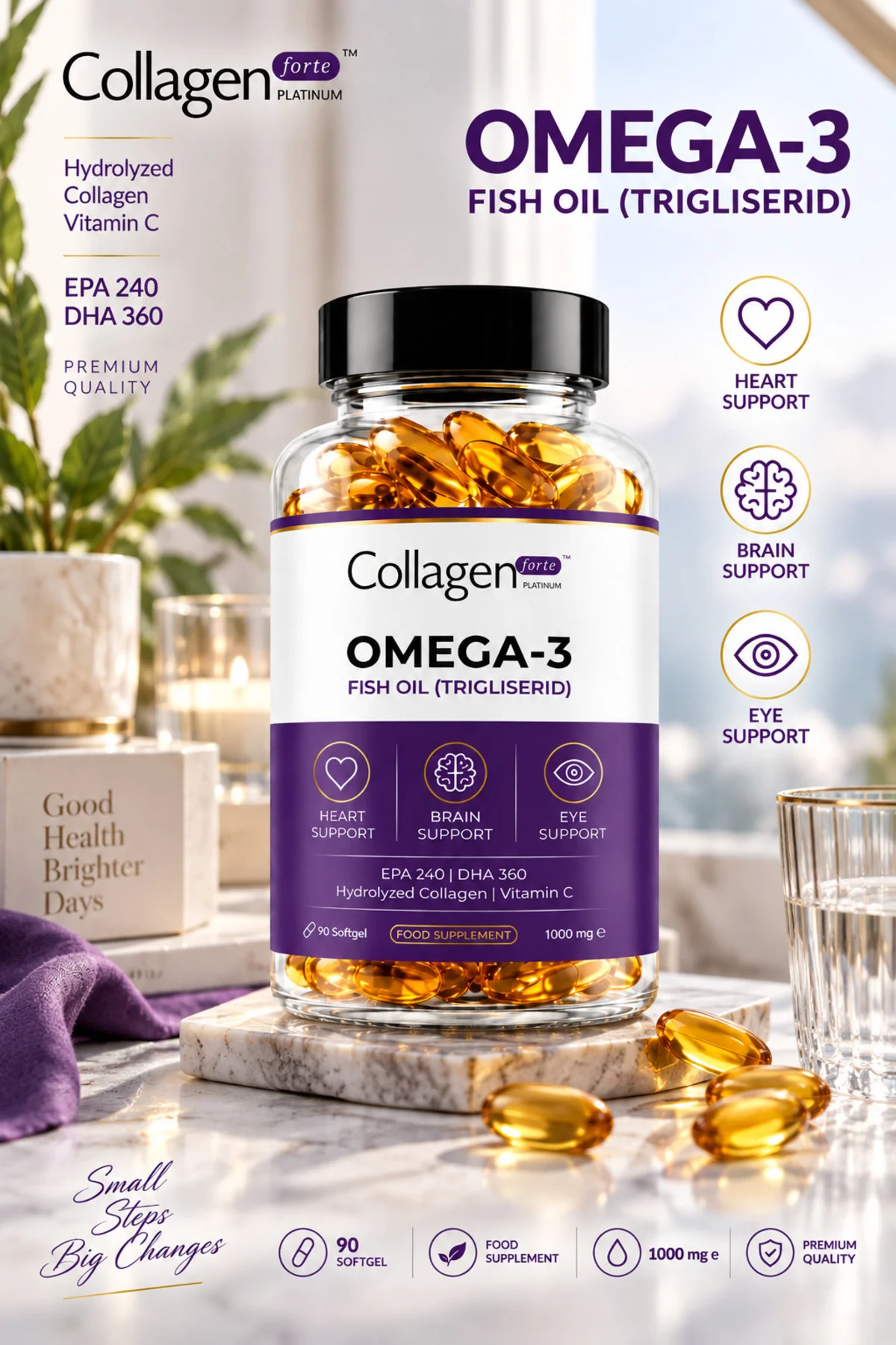 Omega-3 Balık Yağı 90 X 1000mg Softgel, Hidrolize Kolajen & C Vitamini