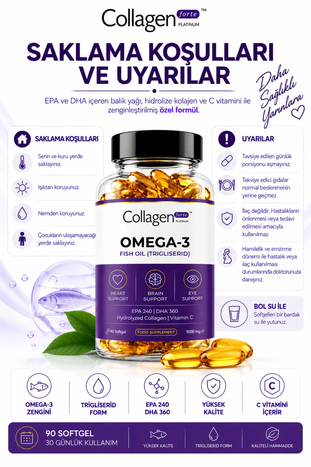 Omega-3 Balık Yağı 90 X 1000mg Softgel, Hidrolize Kolajen & C Vitamini