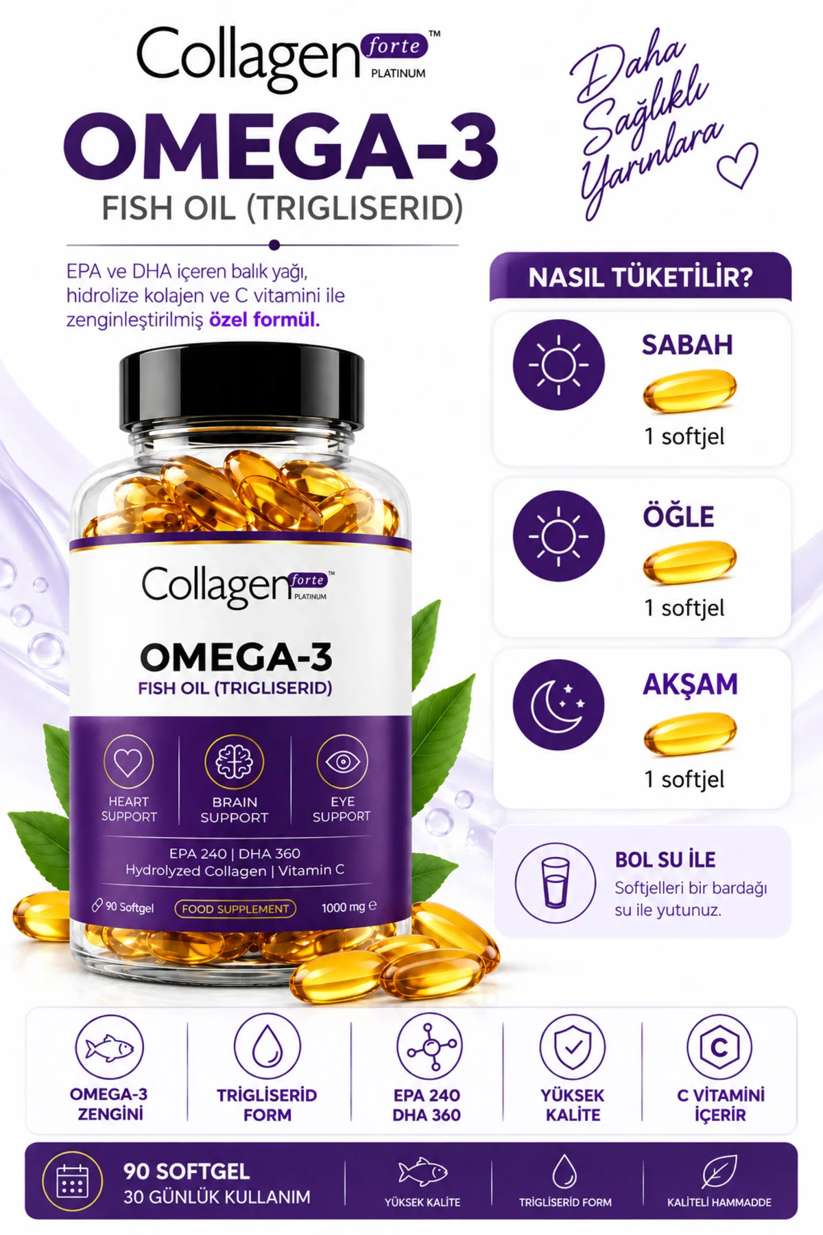 Omega-3 Balık Yağı 90 X 1000mg Softgel, Hidrolize Kolajen & C Vitamini