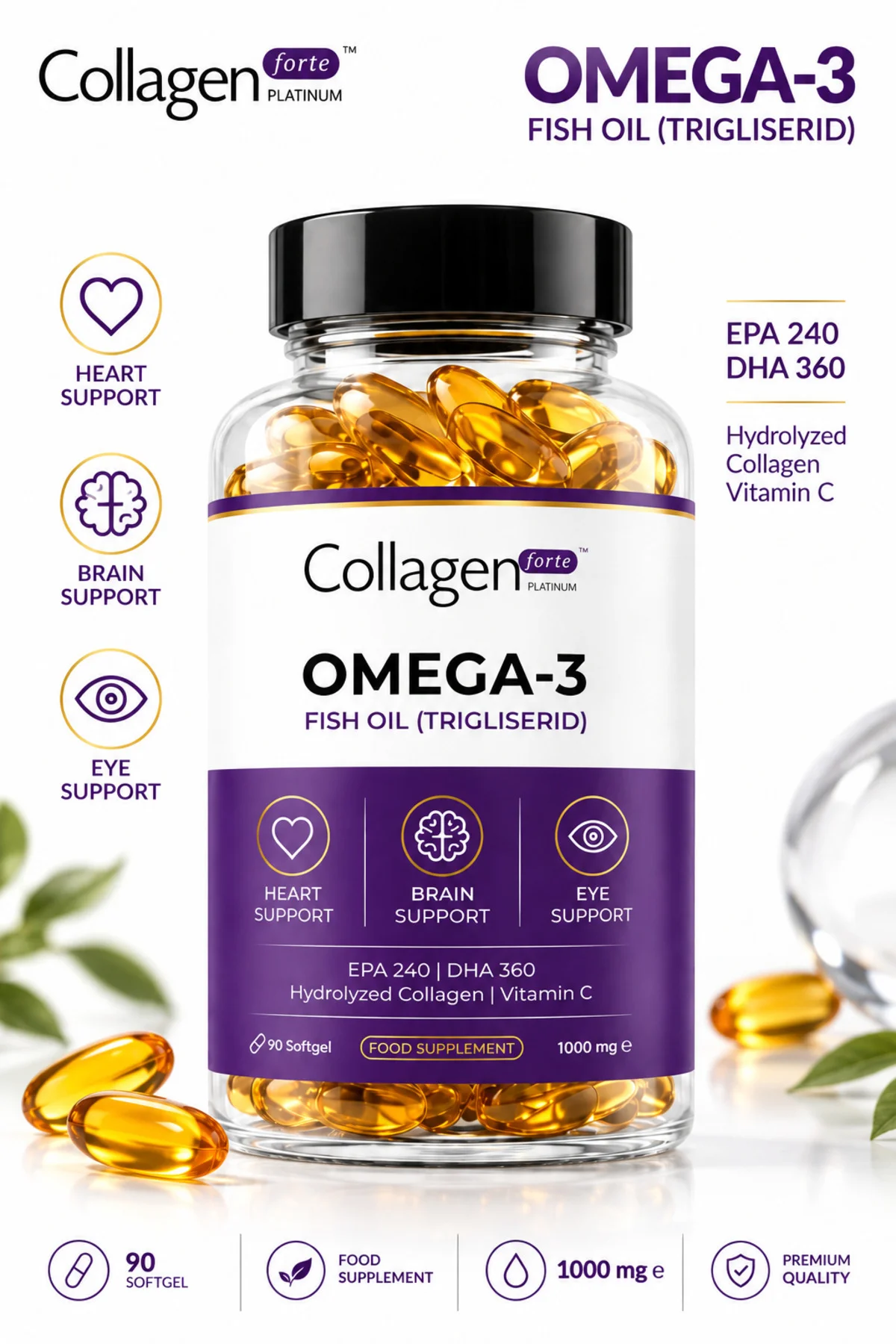 Omega-3 Balık Yağı 90 X 1000mg Softgel, Hidrolize Kolajen & C Vitamini