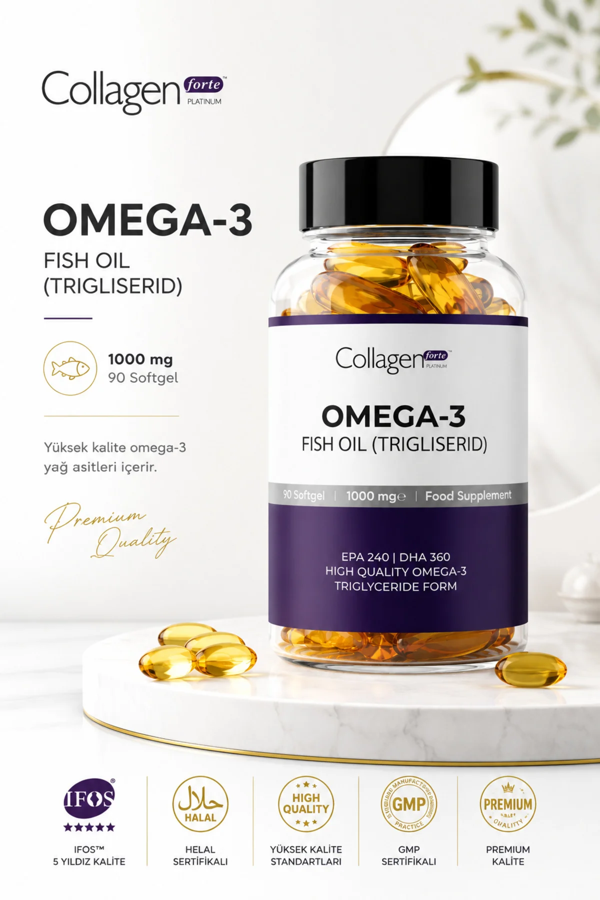 Omega-3 Premium Fish Oil 90 Softgel X 1000mg, Balık Yağı, Hidrolize Kolajen & C Vitamini