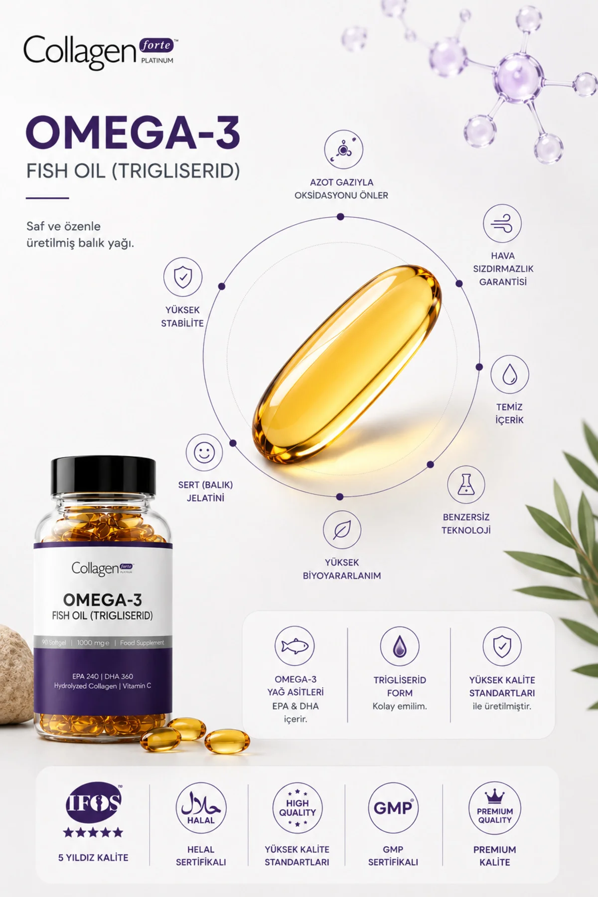 Omega-3 Premium Fish Oil 90 Softgel X 1000mg, Balık Yağı, Hidrolize Kolajen & C Vitamini