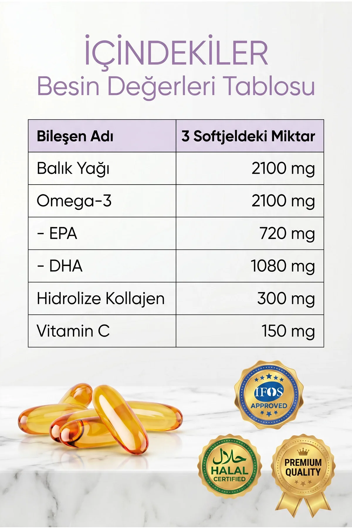Omega-3 Premium Fish Oil 90 Softgel X 1000mg, Balık Yağı, Hidrolize Kolajen & C Vitamini