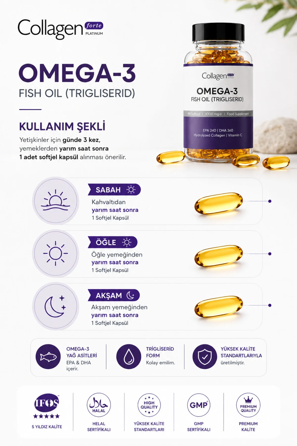 Omega-3 Premium Fish Oil 90 Softgel X 1000mg, Balık Yağı, Hidrolize Kolajen & C Vitamini