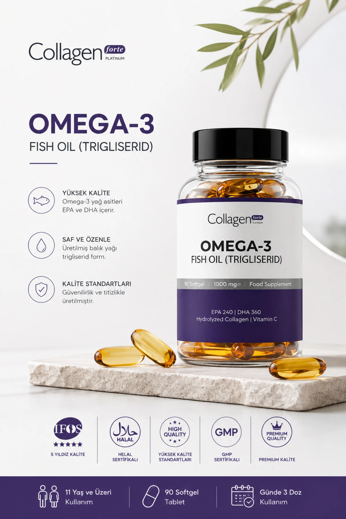 Omega-3 Premium Fish Oil 90 Softgel X 1000mg, Balık Yağı, Hidrolize Kolajen & C Vitamini