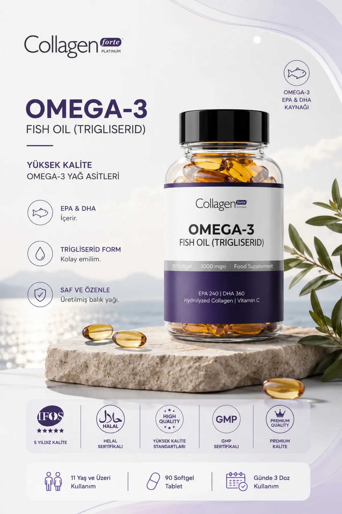 Omega-3 Premium Fish Oil 90 Softgel X 1000mg, Balık Yağı, Hidrolize Kolajen & C Vitamini