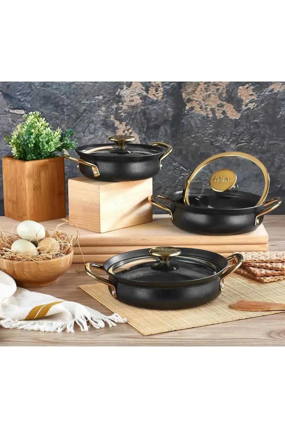 Oms 3724 6 Parça Granit Bakraç Sahan Seti 16-18-20 Cm Siyah Gold