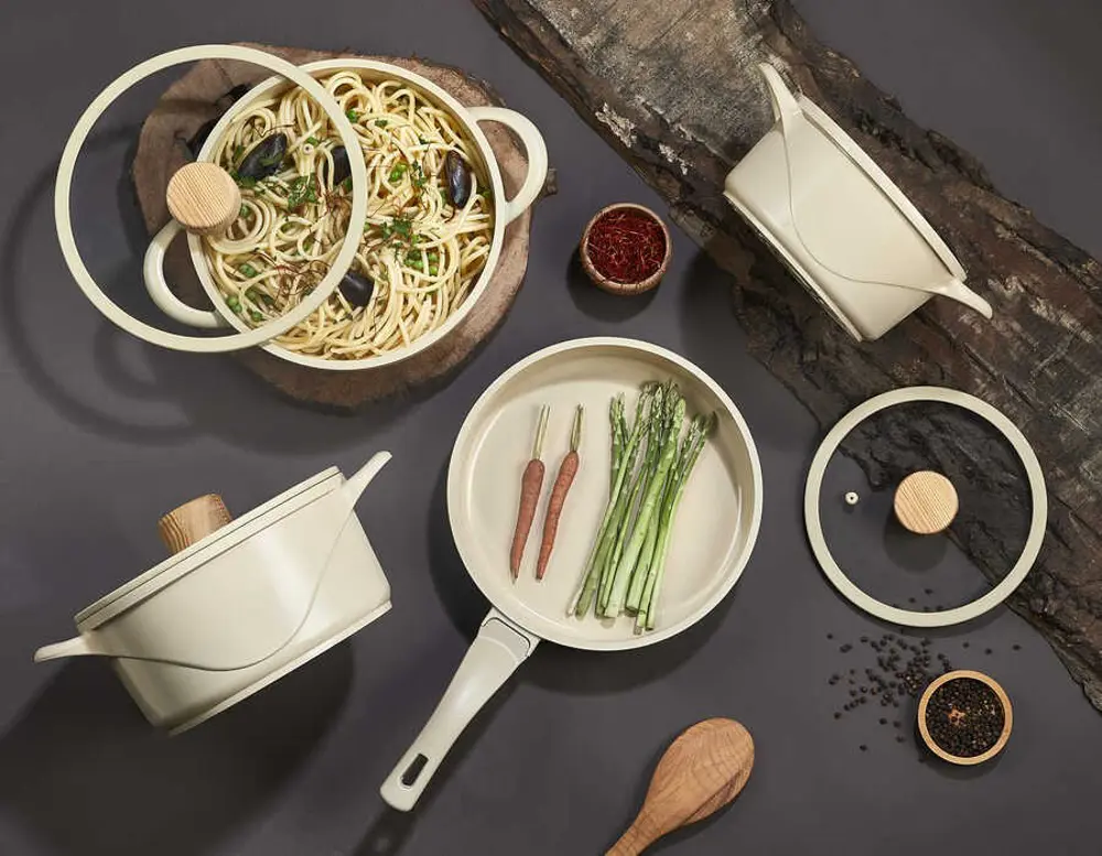 Oms Oyster Biogranit Seramik 7 Parça Tencere Seti Krem Gövde Ahşa