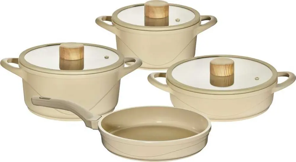 Oms Oyster Biogranit Seramik 7 Parça Tencere Seti Krem Gövde Ahşa