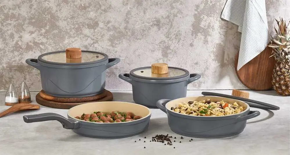 Oms Oyster Biogranit Seramik 7 Parça Tencere Seti Antrasit Gövde 