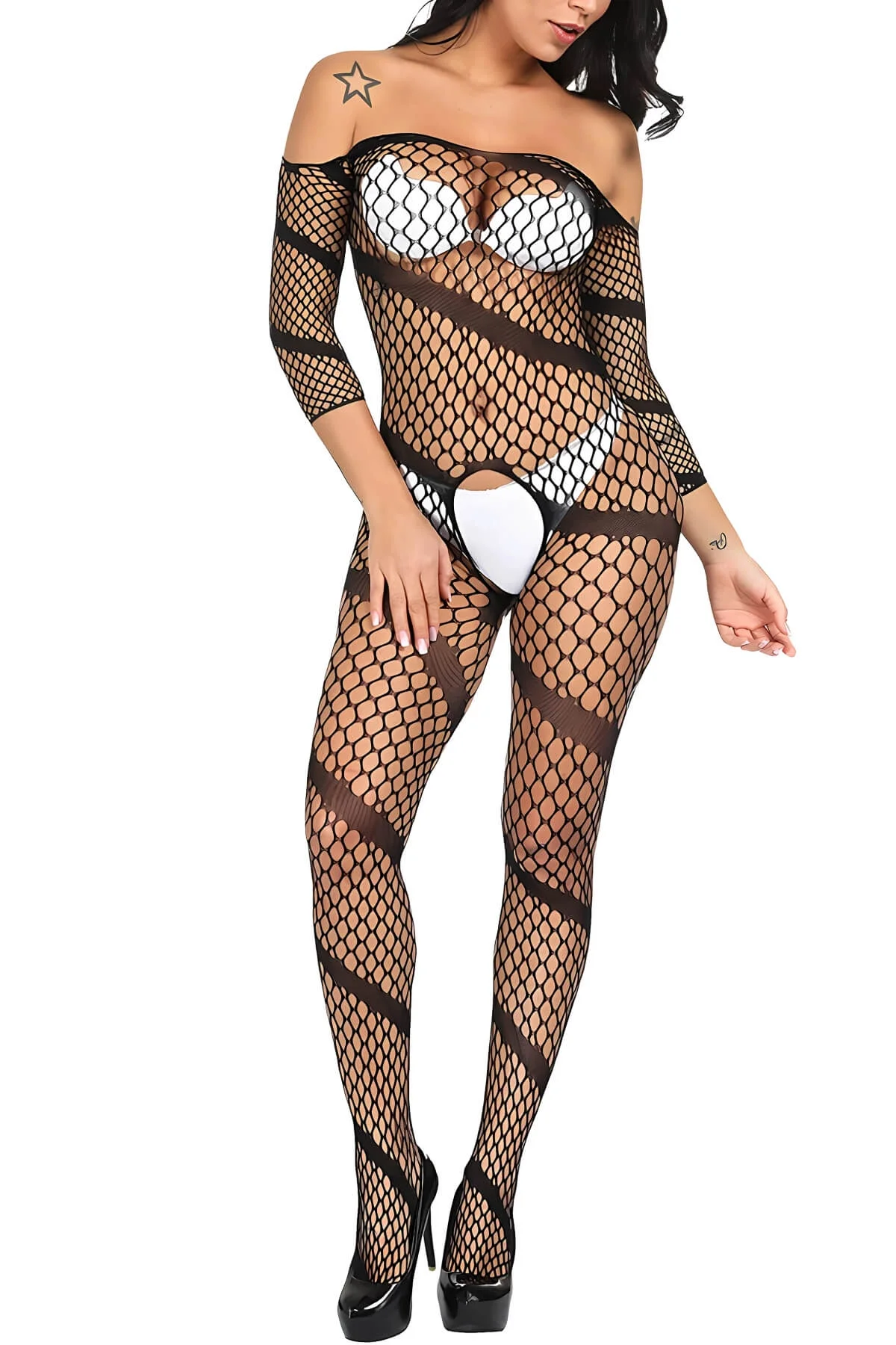 Omuz Dekolteli Siyah Ağ Desenli Transparan Vücut Çorabı TM1429 - Fantazi Bodystocking