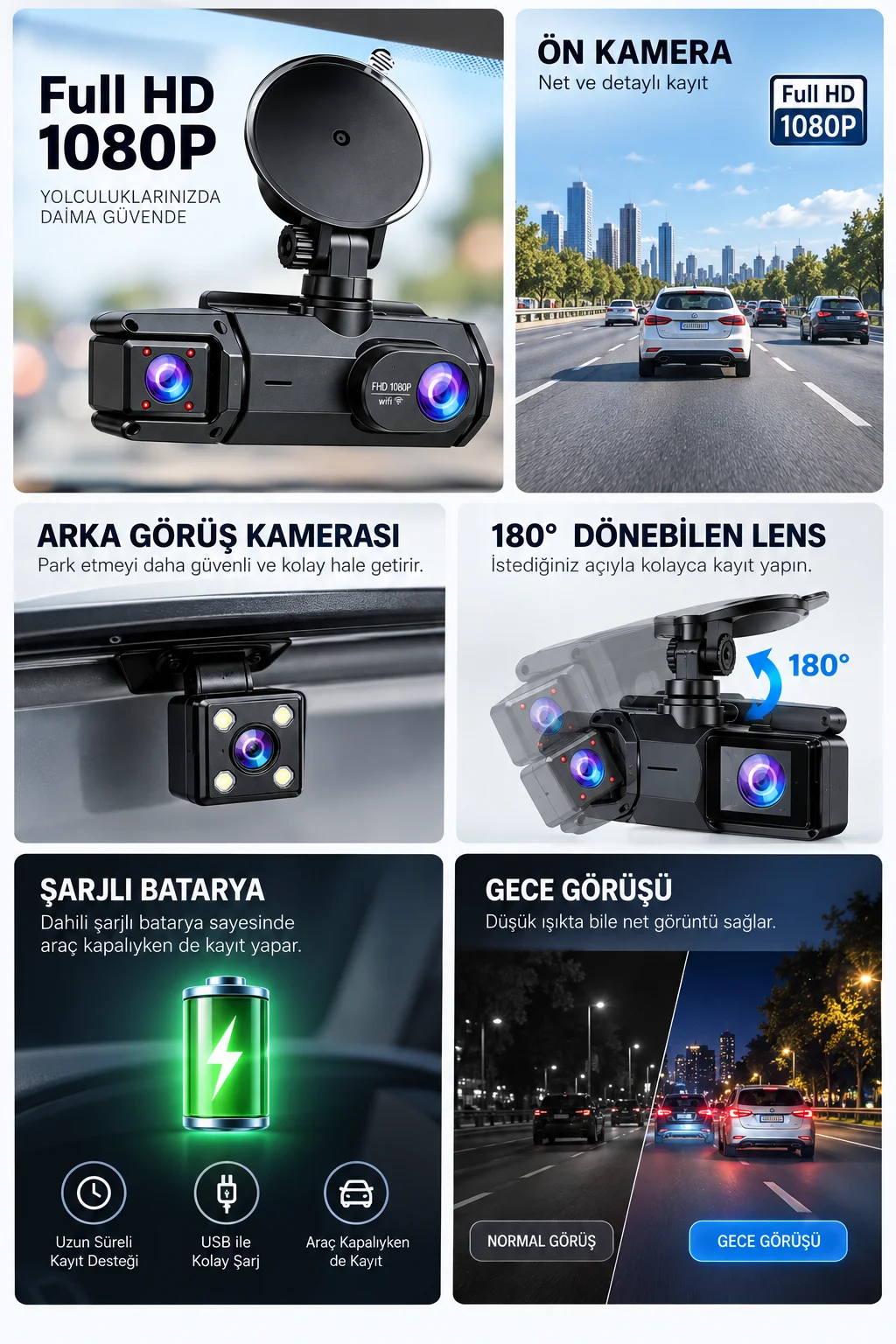 Ön Arka Kayıt 1080P Full HD 180° Geniş Açı Şarjlı Kullanım