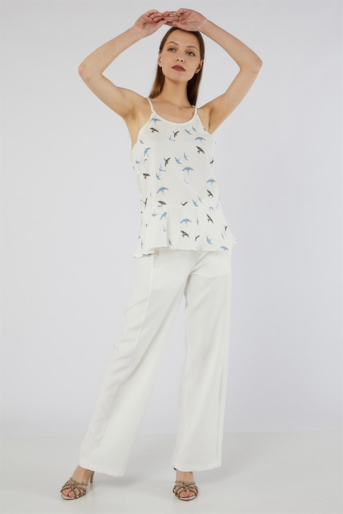 Dreamlike Ön Arka U Halter Yaka Damla Düğme Kapamali Kirlangiç Desenli Raha