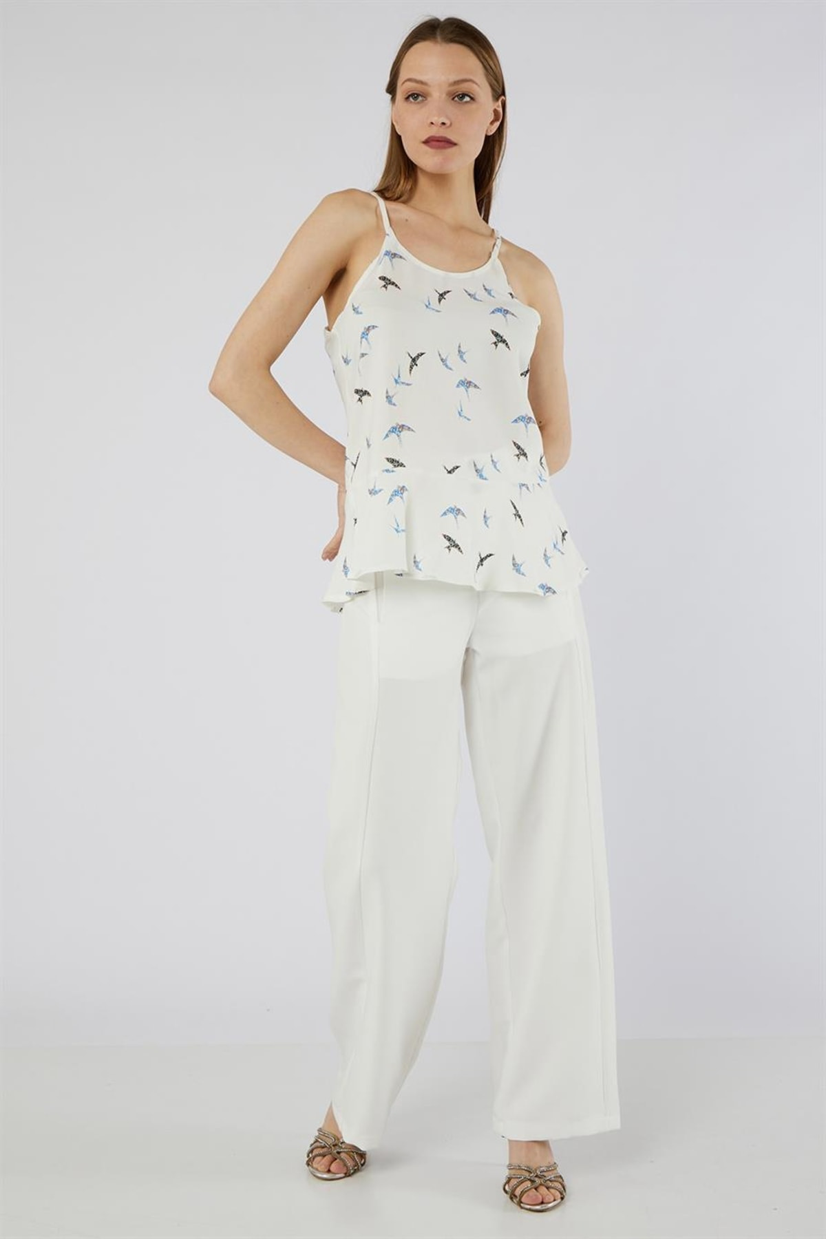 Dreamlike Ön Arka U Halter Yaka Damla Düğme Kapamali Kirlangiç Desenli Raha