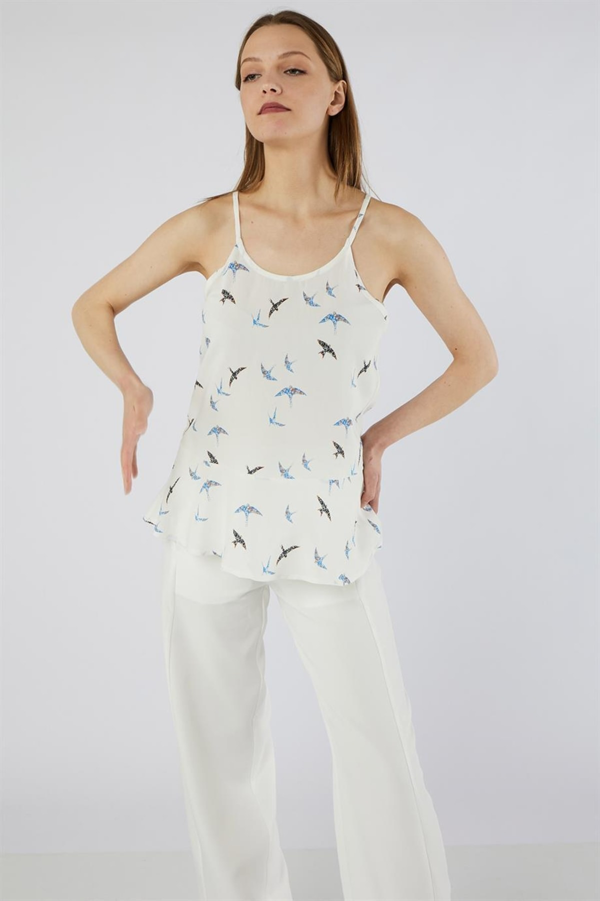 Dreamlike Ön Arka U Halter Yaka Damla Düğme Kapamali Kirlangiç Desenli Raha