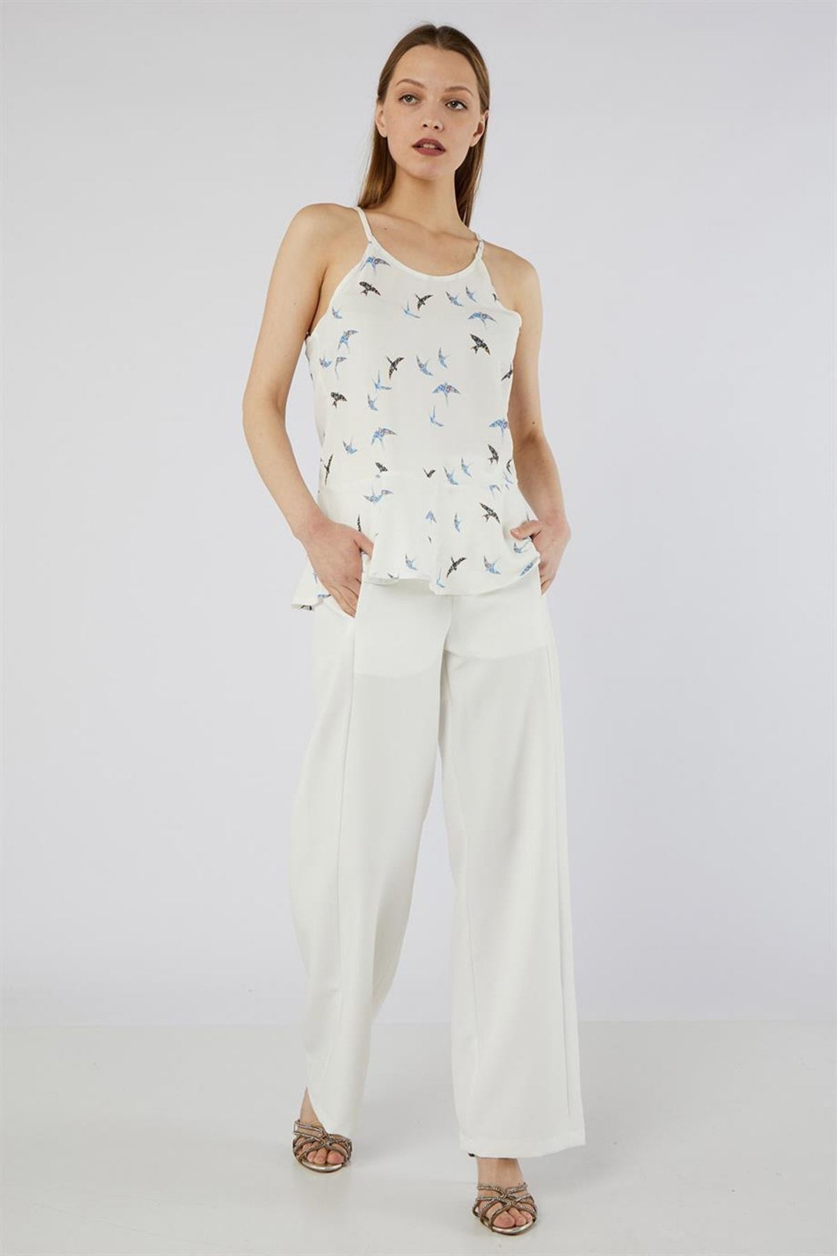 Dreamlike Ön Arka U Halter Yaka Damla Düğme Kapamali Kirlangiç Desenli Raha