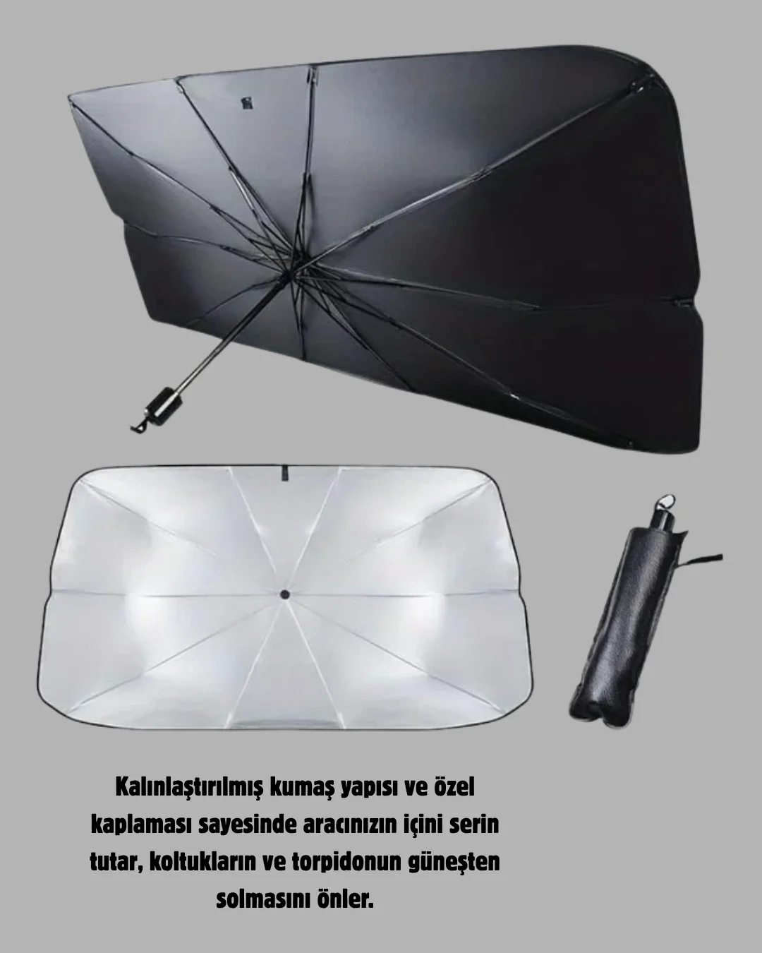 Ön Cam Güneşliği – Kalın Kumaş ve Cam Elyaf İskelet ile Maksimum UV Koruma Ön Cam Güneşliği – Kalın Kumaş ve Cam Elyaf İskelet ile Maksimum UV Koruma