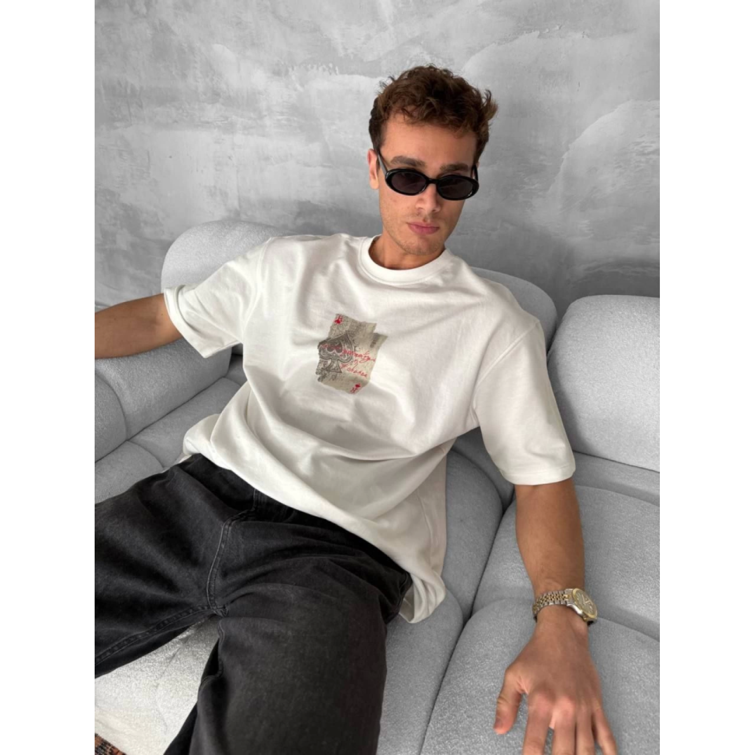 Ön Ve Arka Baskılı Oversize Bisiklet Yaka T-shirt - Beyaz