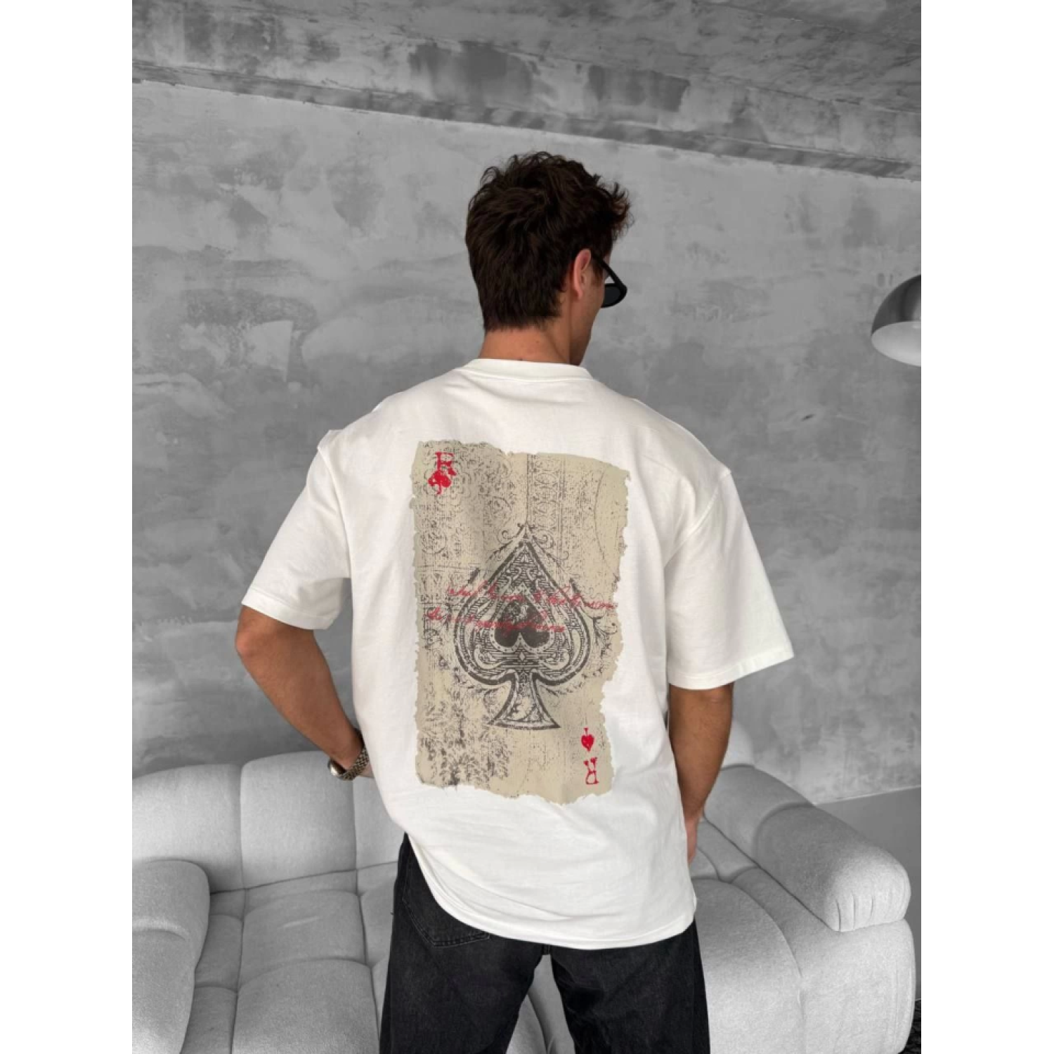 Ön Ve Arka Baskılı Oversize Bisiklet Yaka T-shirt - Beyaz