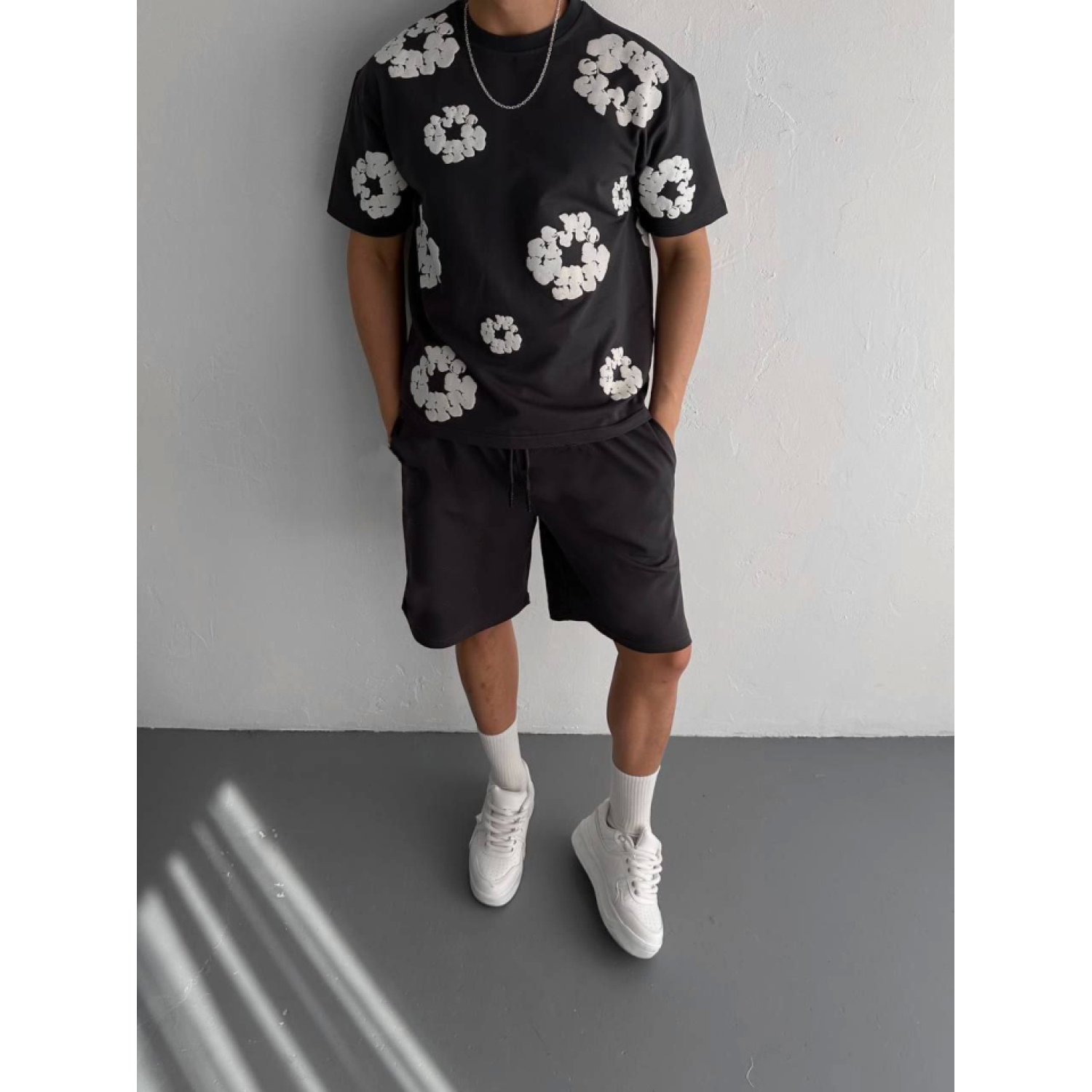 Ön Ve Arka Baskılı Oversize Bisiklet Yaka T-shirt- Siyah
