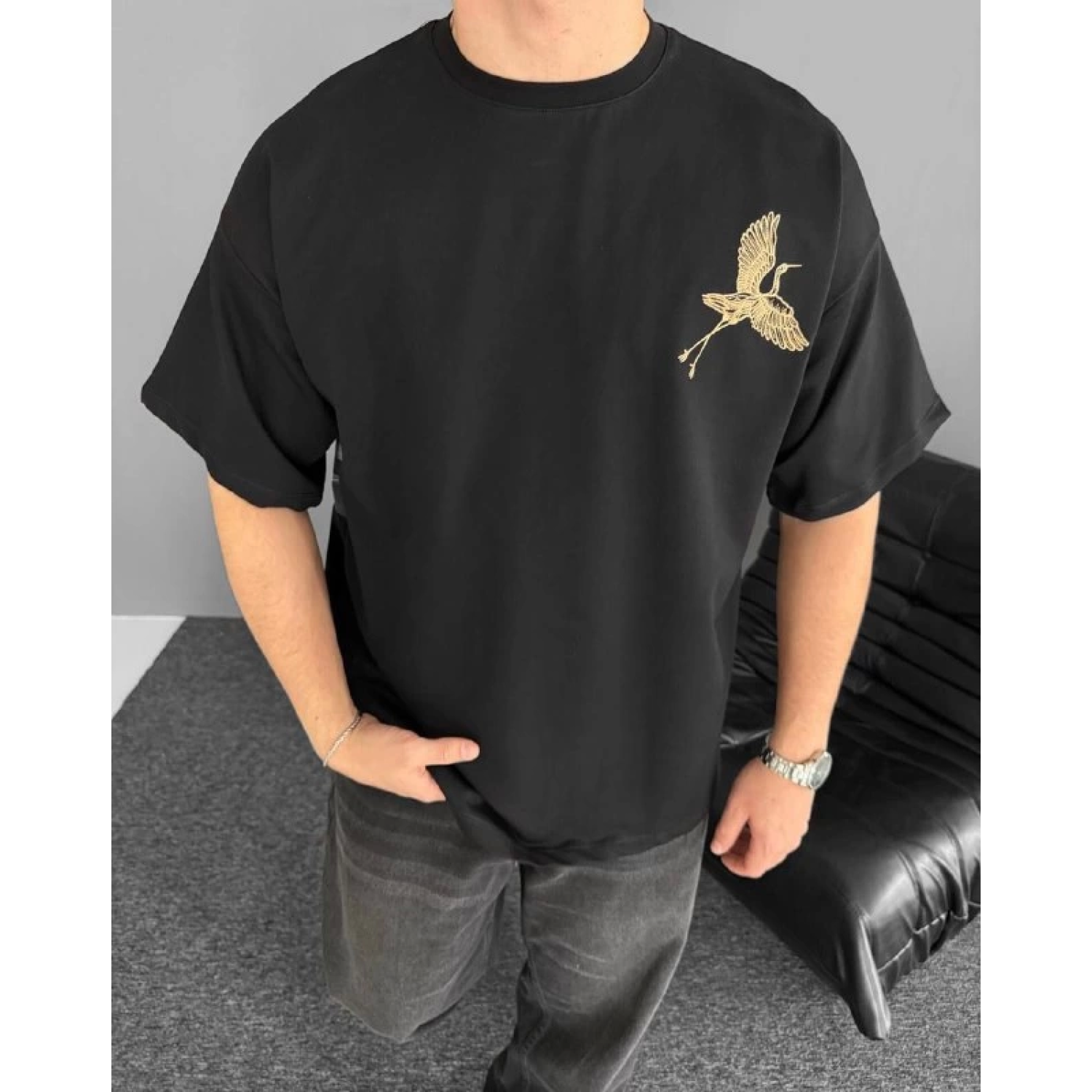 Ön Ve Arka Baskılı Oversize Bisiklet Yaka T-shirt - Siyah