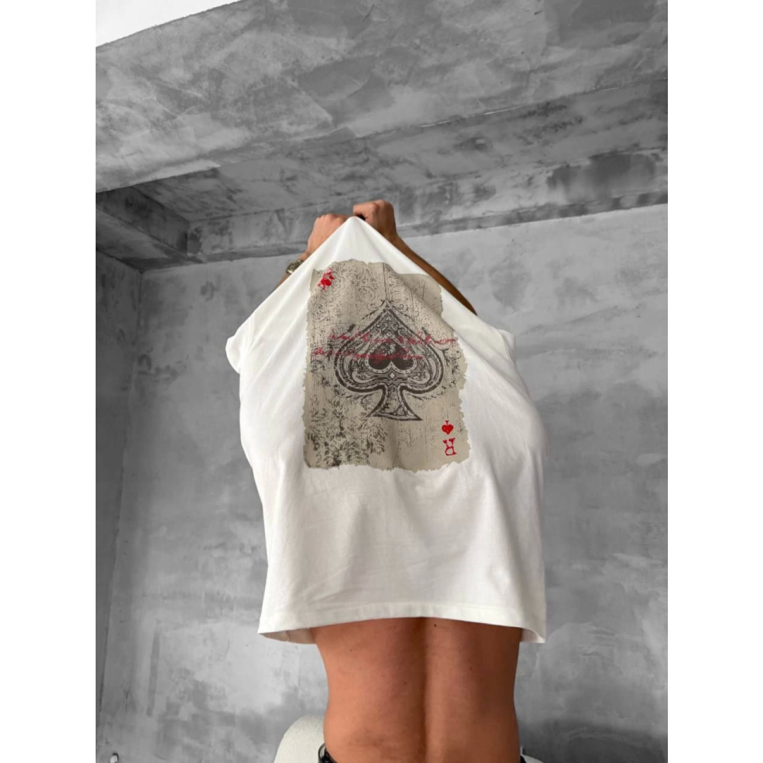 Ön Ve Arka Baskılı Oversize Bisiklet Yaka T-shirt - Beyaz