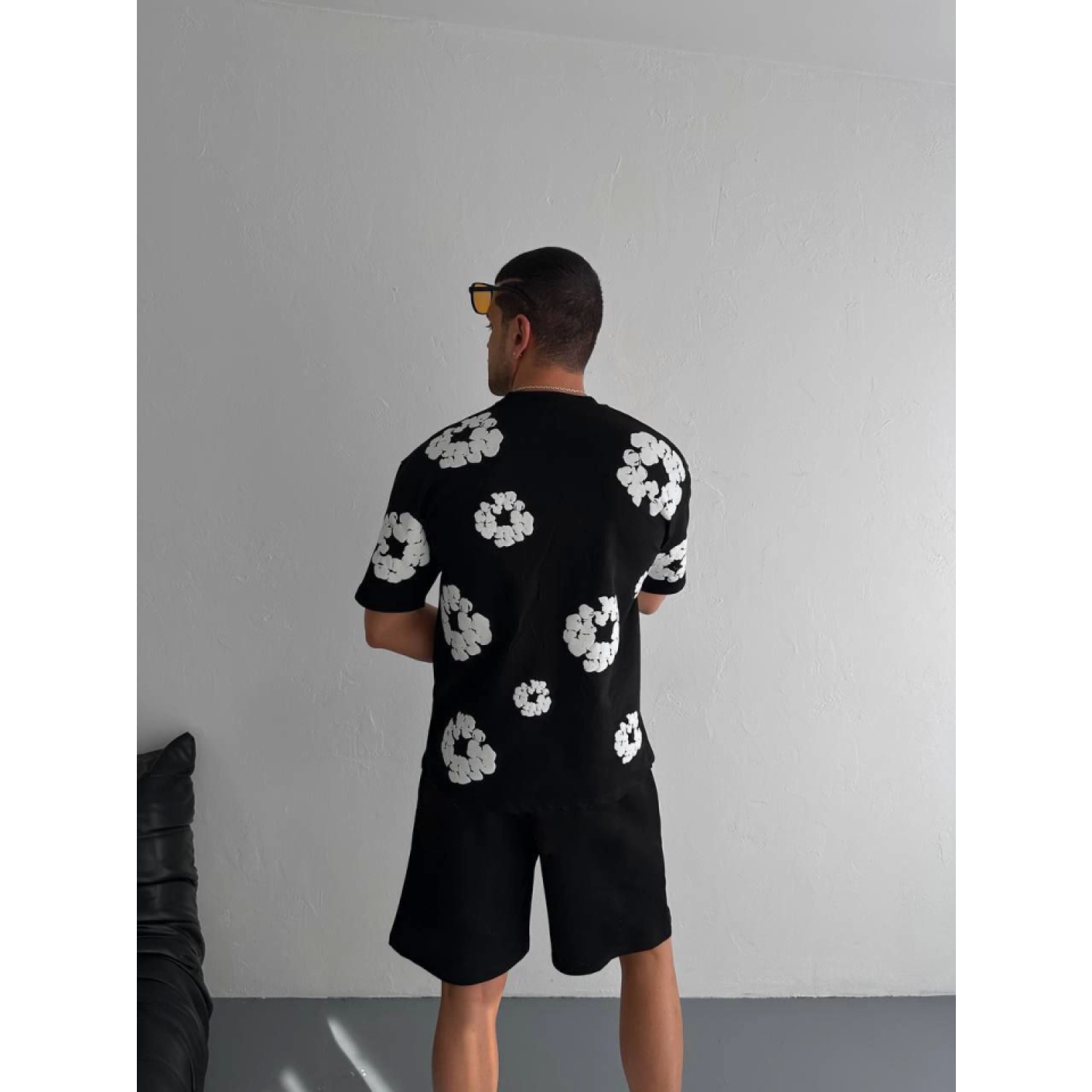 Ön Ve Arka Baskılı Oversize Bisiklet Yaka T-shirt- Siyah