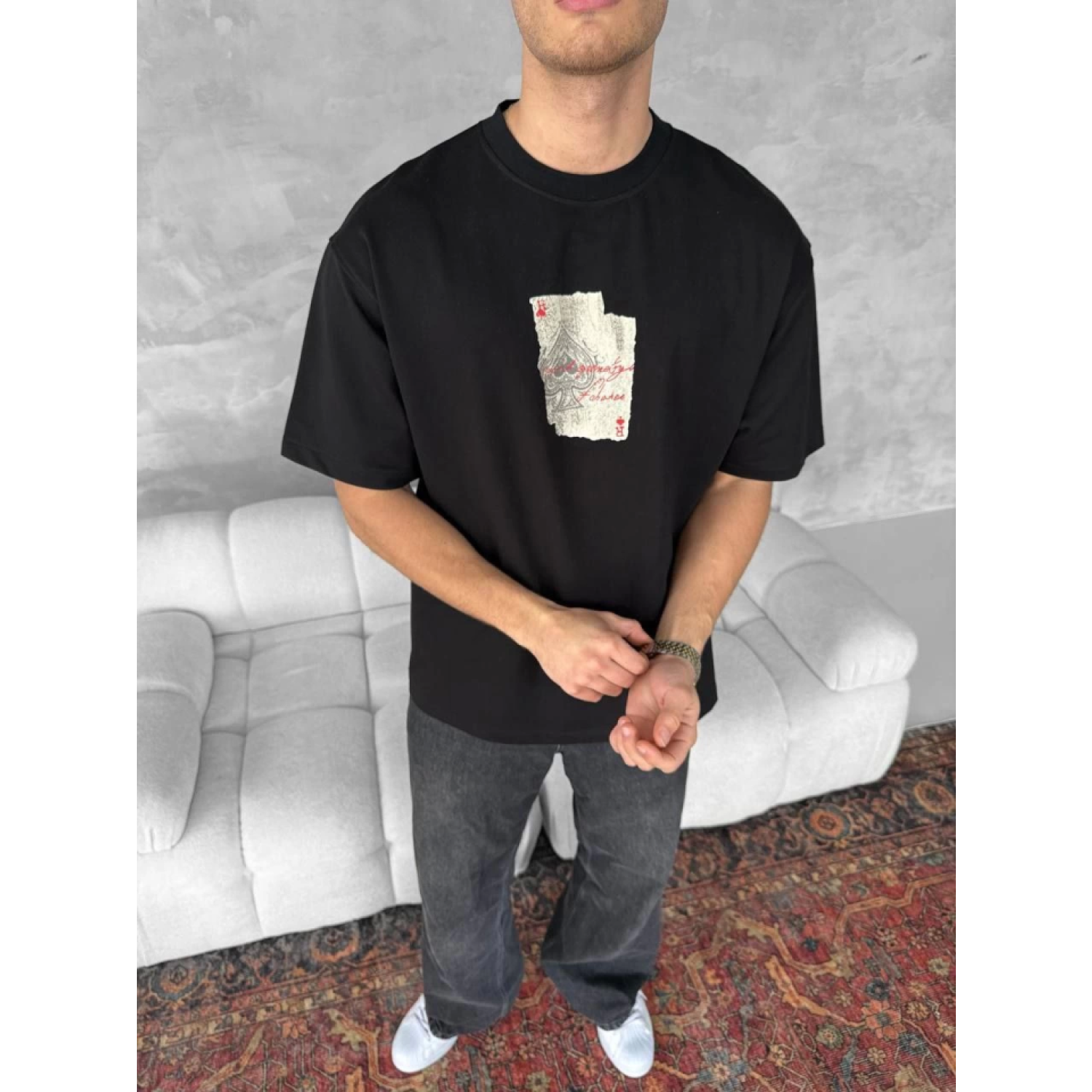 Ön Ve Arka Baskılı Oversize Bisiklet Yaka T-shirt - Siyah