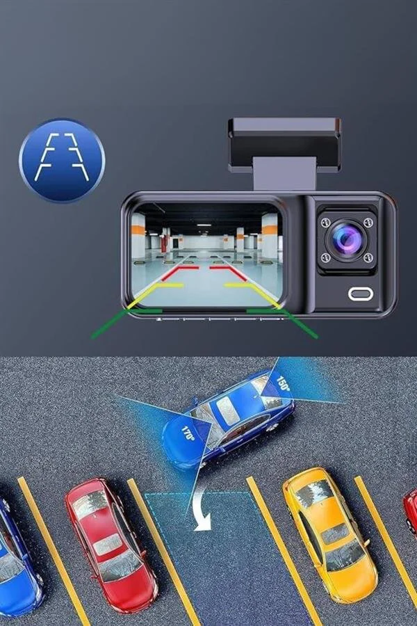 Ön ve Arka Kameralı 1080P DVR Araç İçi Ekran - 2 Inç IPS Ekranlı 3 Kamera Sistemi