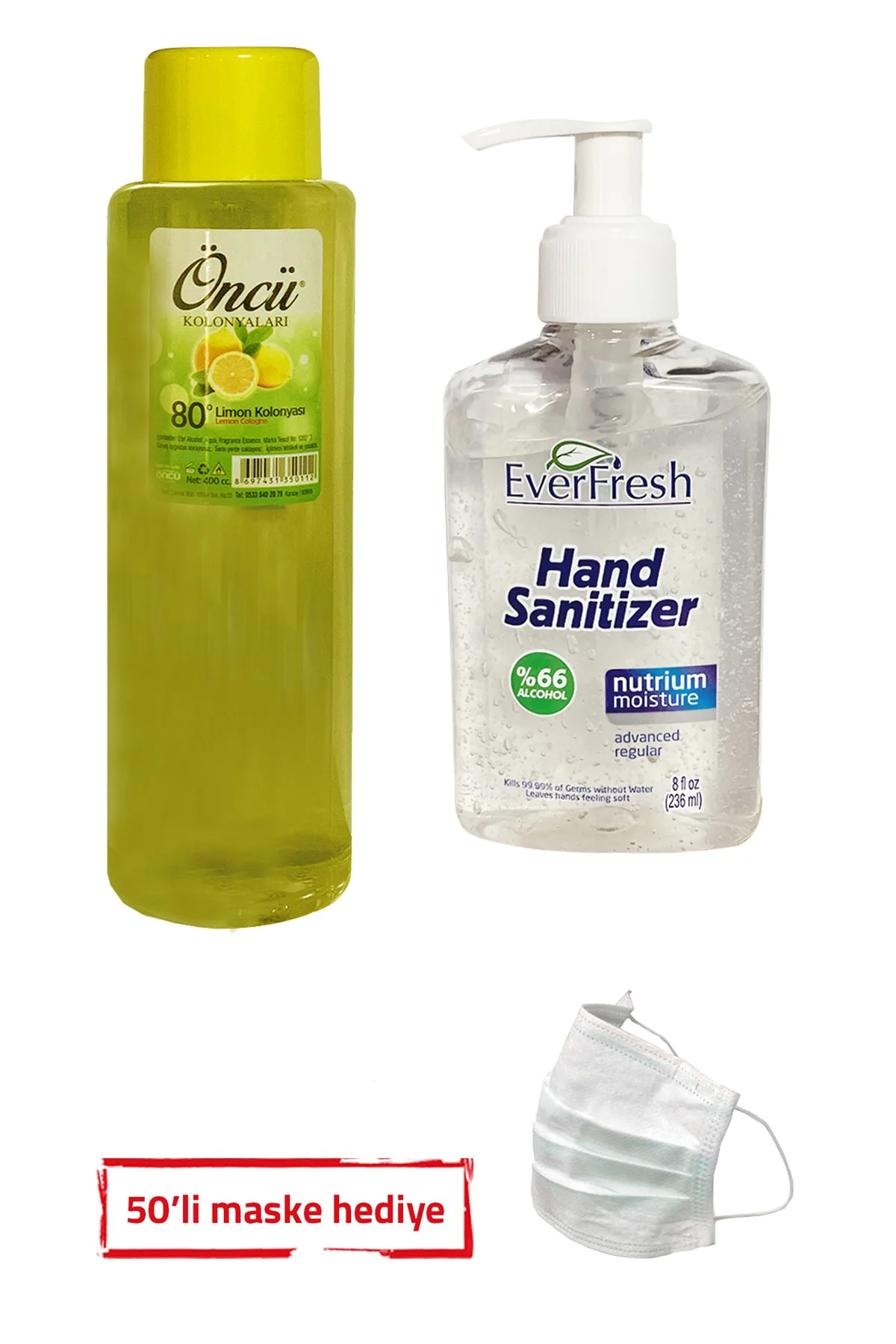 Öncü Kolonya 400 ml + Ever Fresh Dezenfektan 236 mll + Maske 50'l