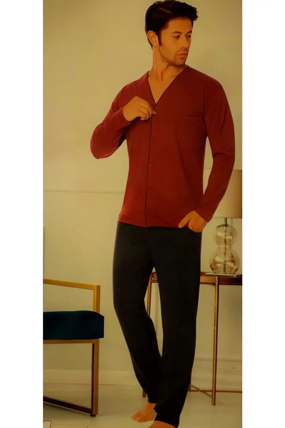 Önden Düğmeli Erkek Pijama Takımı Lacivert