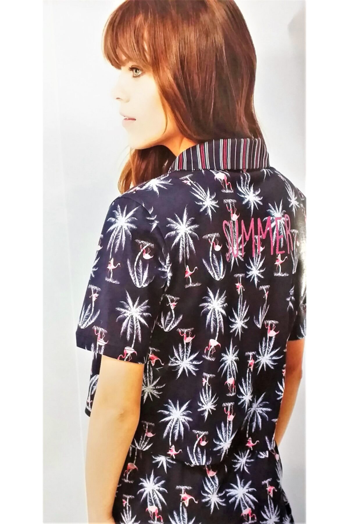 Önden Düğmeli Kısa Kol Pijama Takımı Lacivert