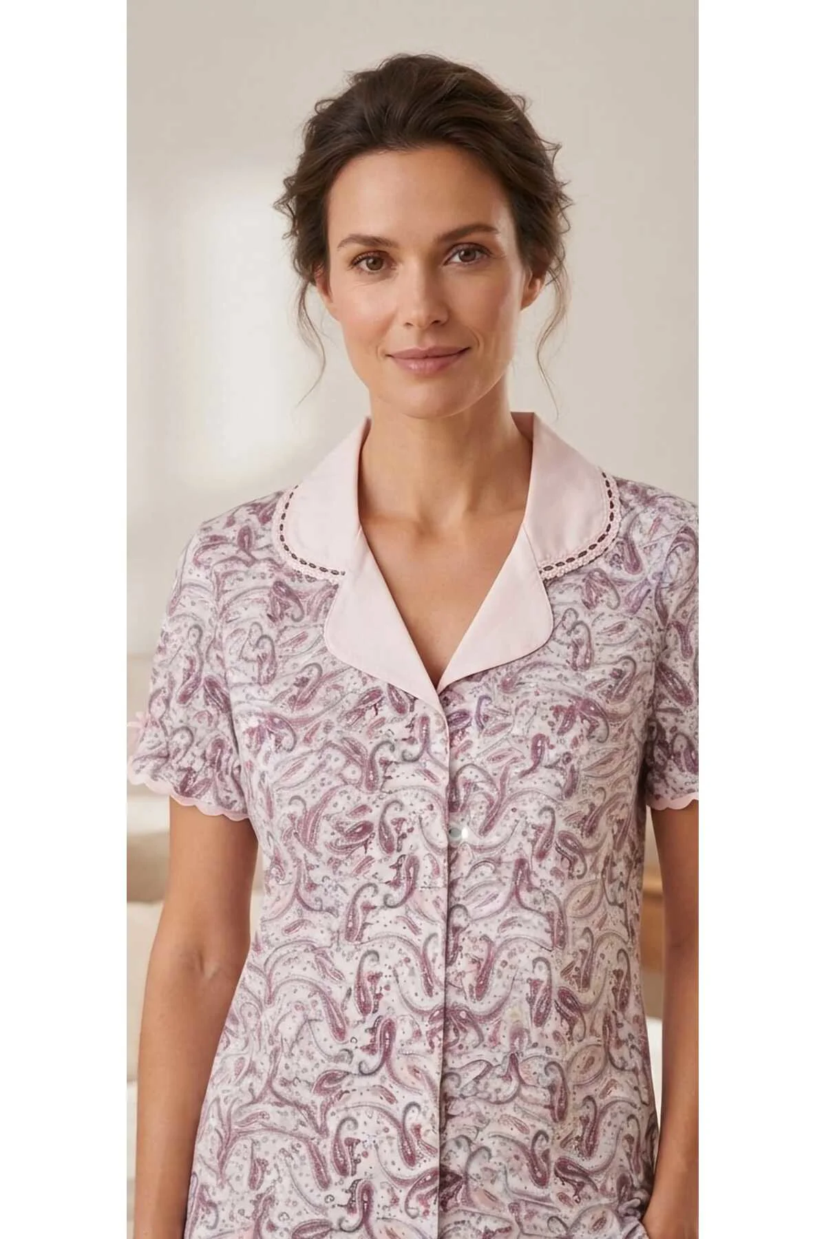 Önden Düğmeli Kısa Kol Kadın Pijama Takımı Pembe