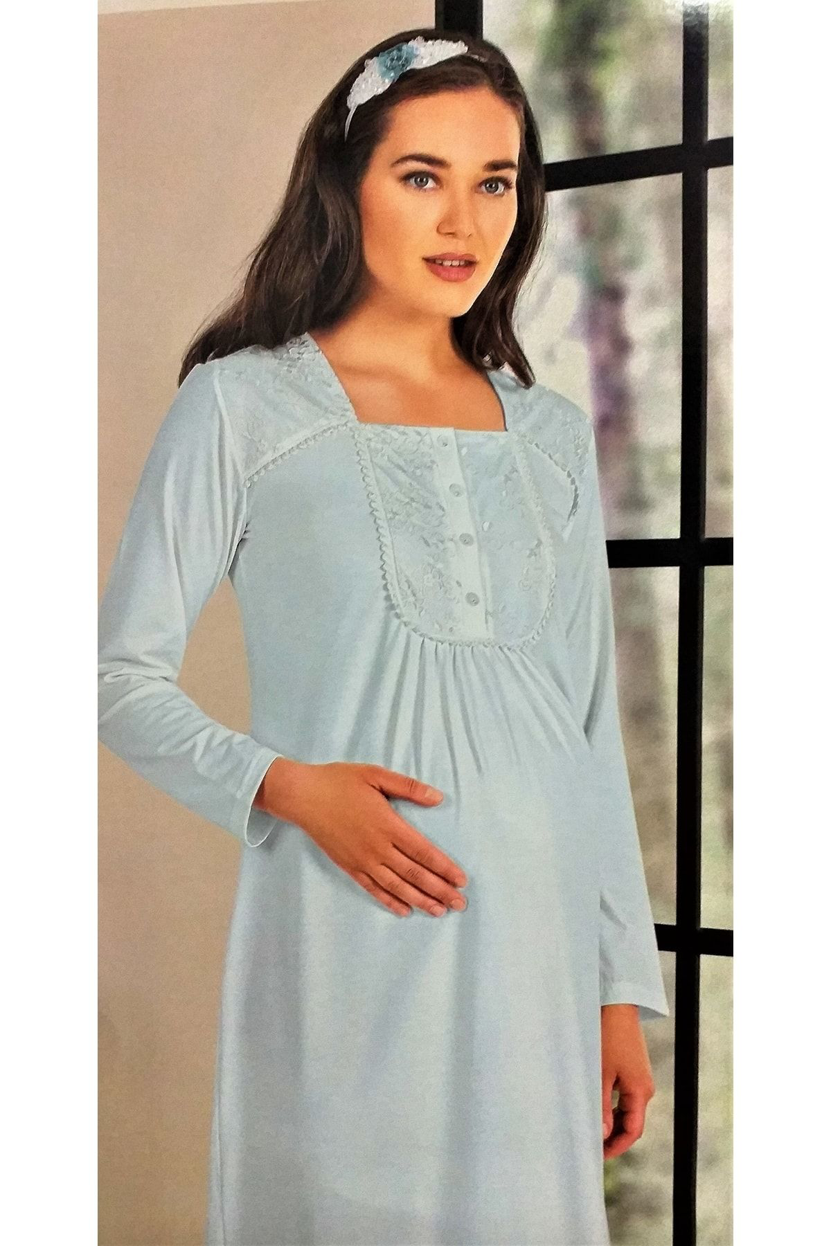 Flz Önden Düğmeli Loğusa Gecelik Mavi