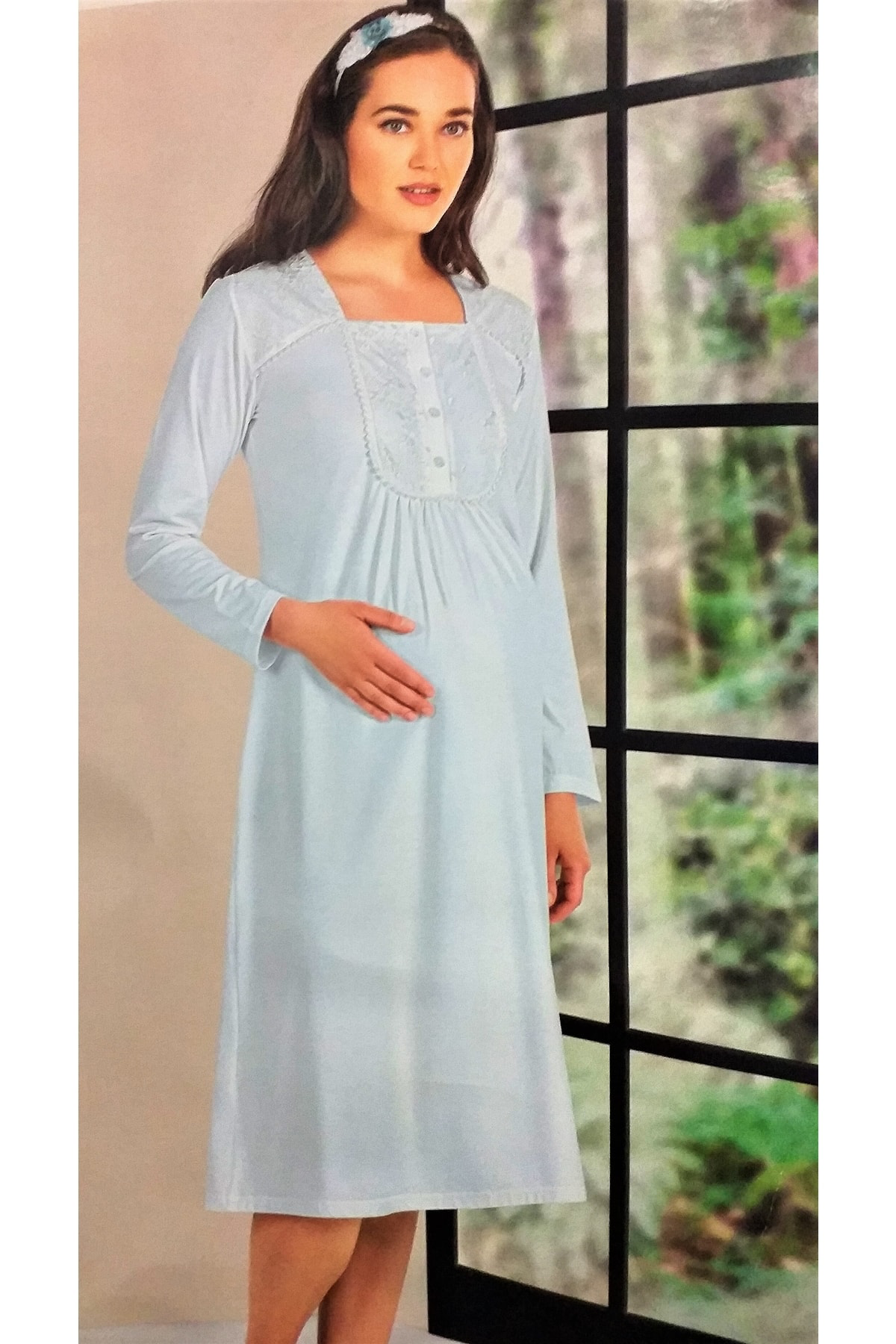 Flz Önden Düğmeli Loğusa Gecelik Mavi