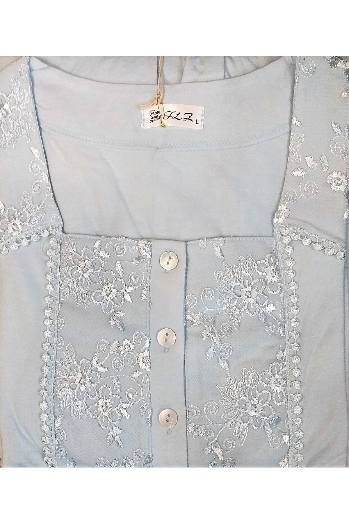 Flz Önden Düğmeli Loğusa Gecelik Mavi