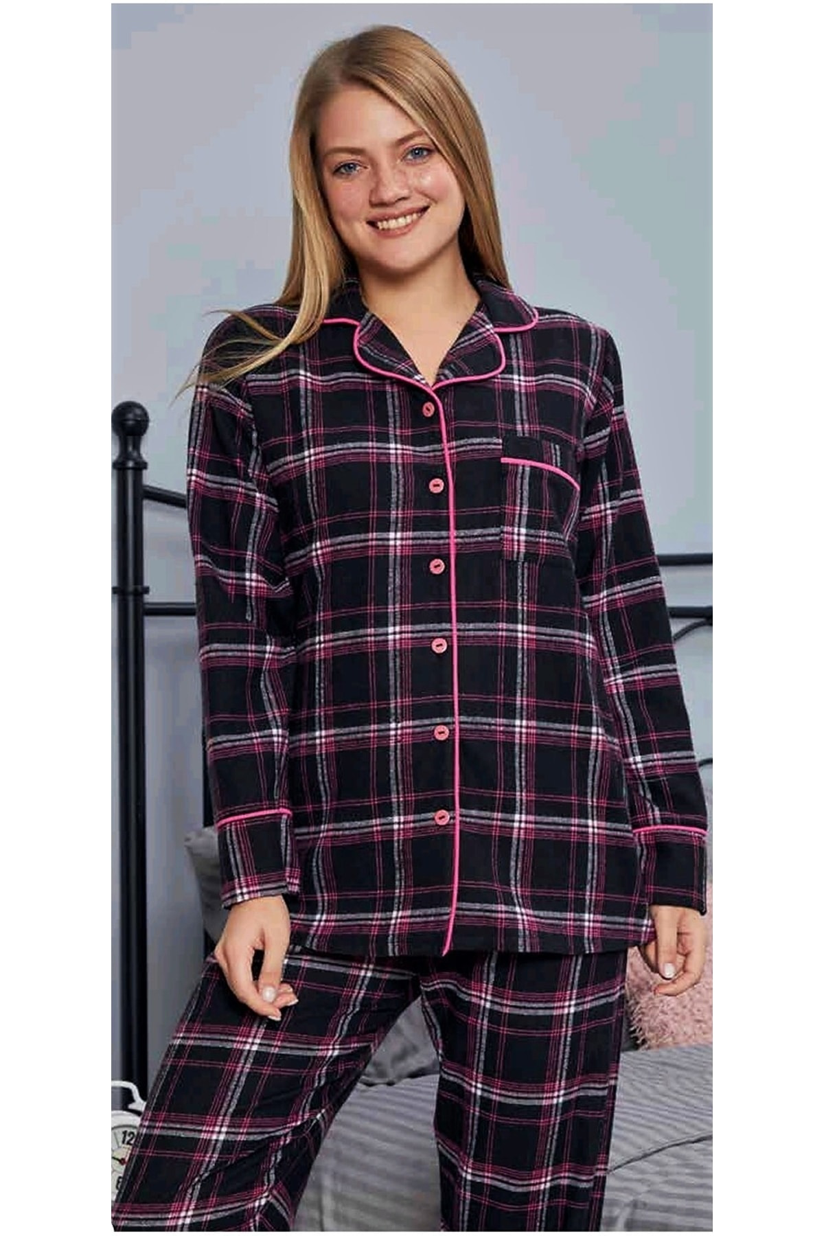 Önden Düğmeli Pijama Takımı Ekoseli Siyah