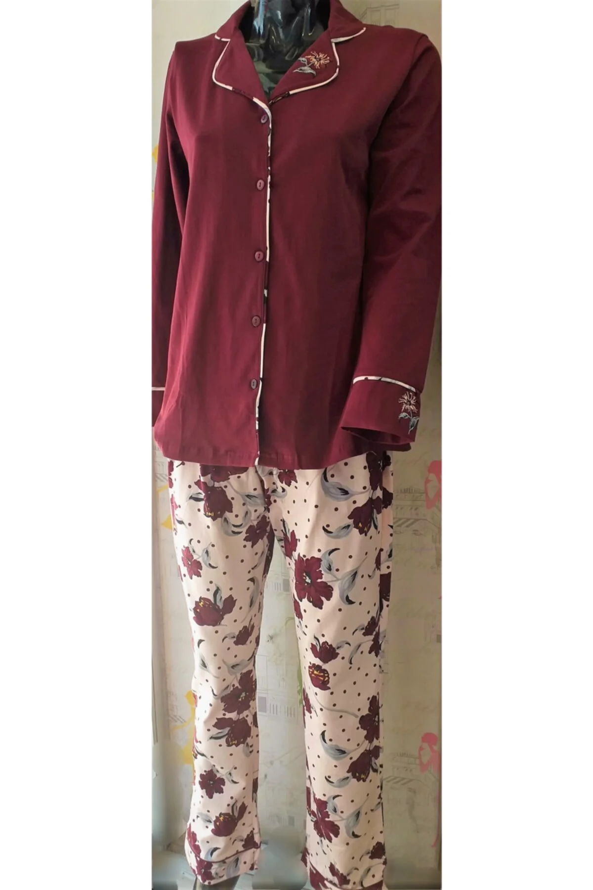 Önden Düğmeli Pijama Takımı Bordo - Görsel 2