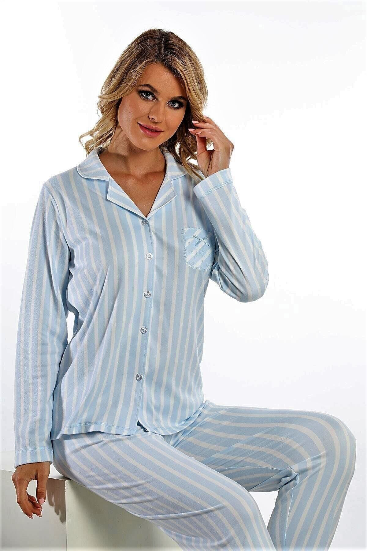 Önden Düğmeli Soft Pijama Takımı Mavi