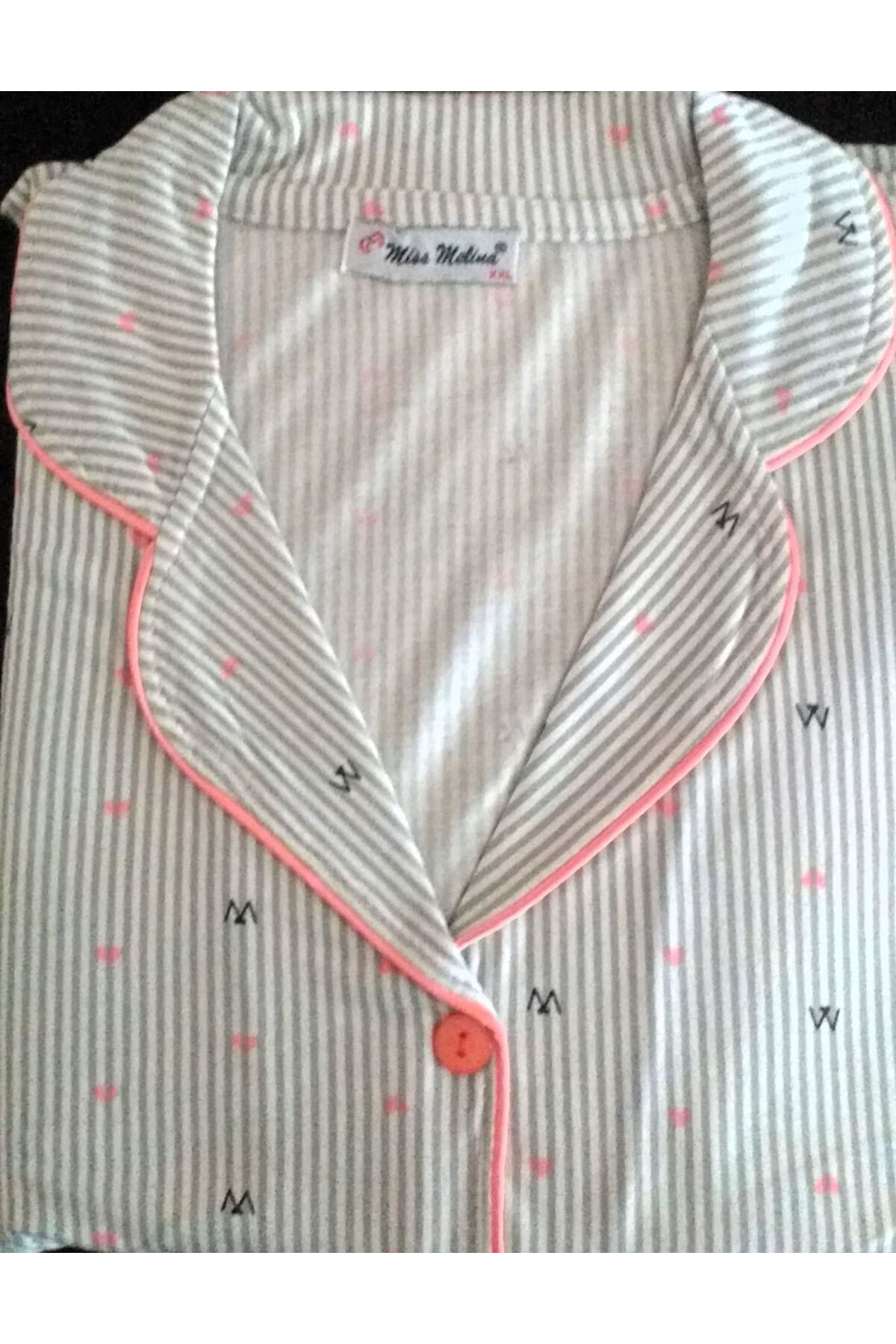 Miss Melina Önden Düğmeli Uzun Kol Kadın Pijama Takımı Gri