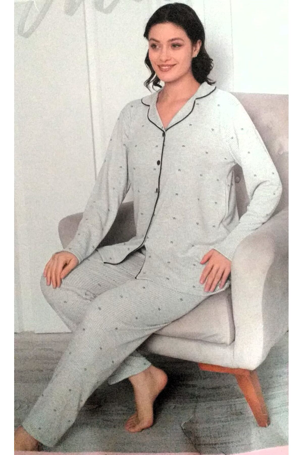 Miss Melina Önden Düğmeli Uzun Kol Kadın Pijama Takımı Gri