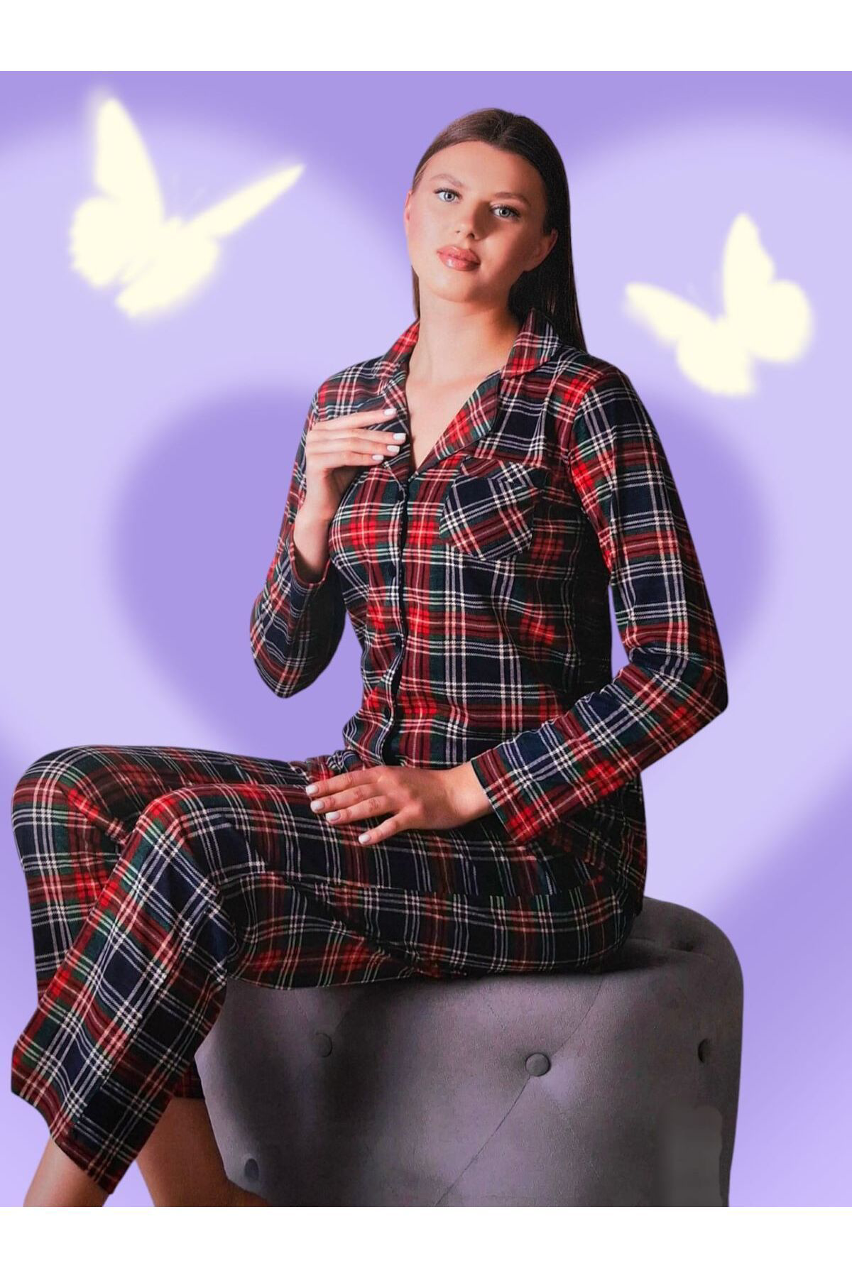 Önden Düğmeli Uzun Kol Kadın Pijama Takımı EKOSELİ