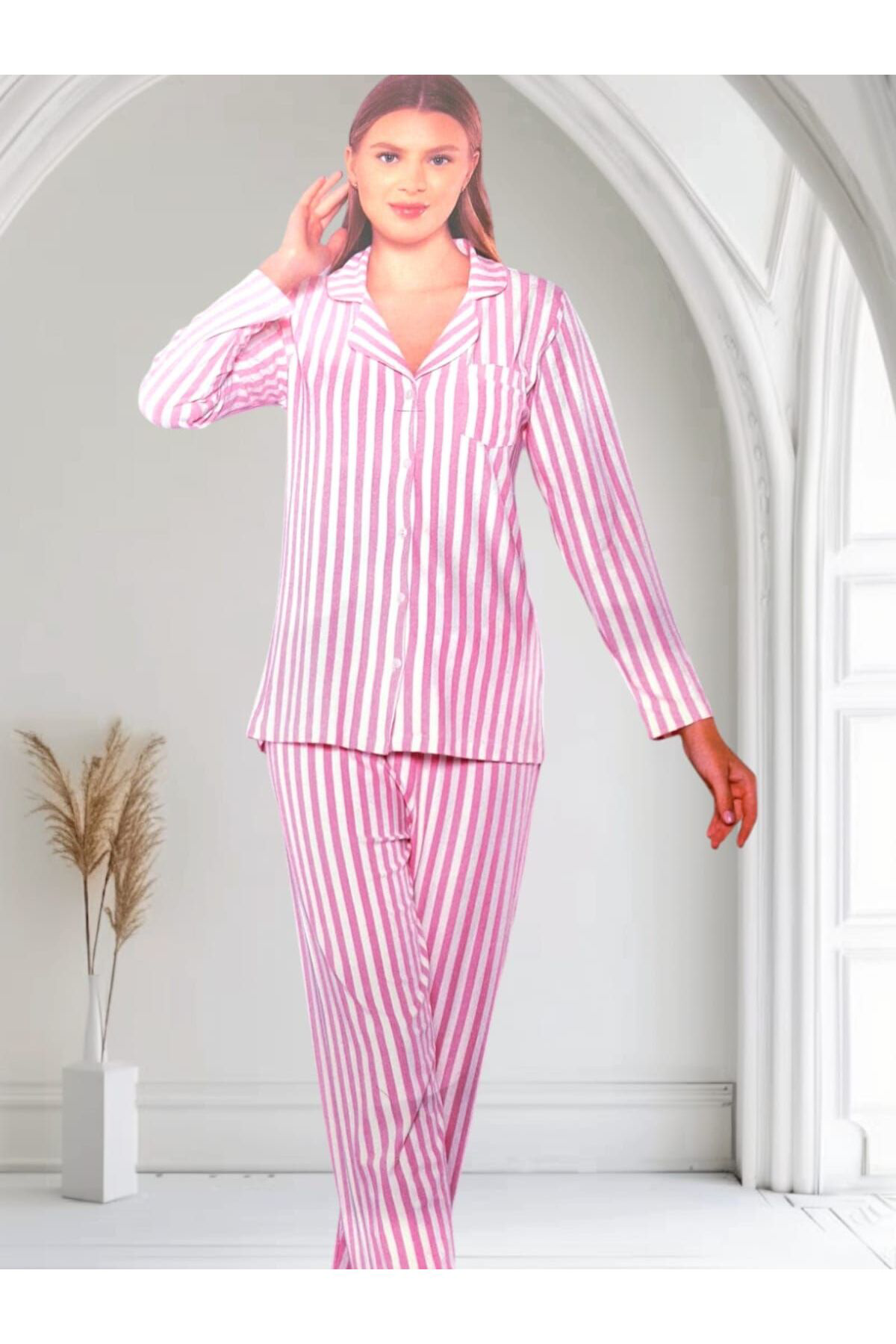 Önden Düğmeli Uzun Kol Kadın Pijama Takımı Pembe Çizgili