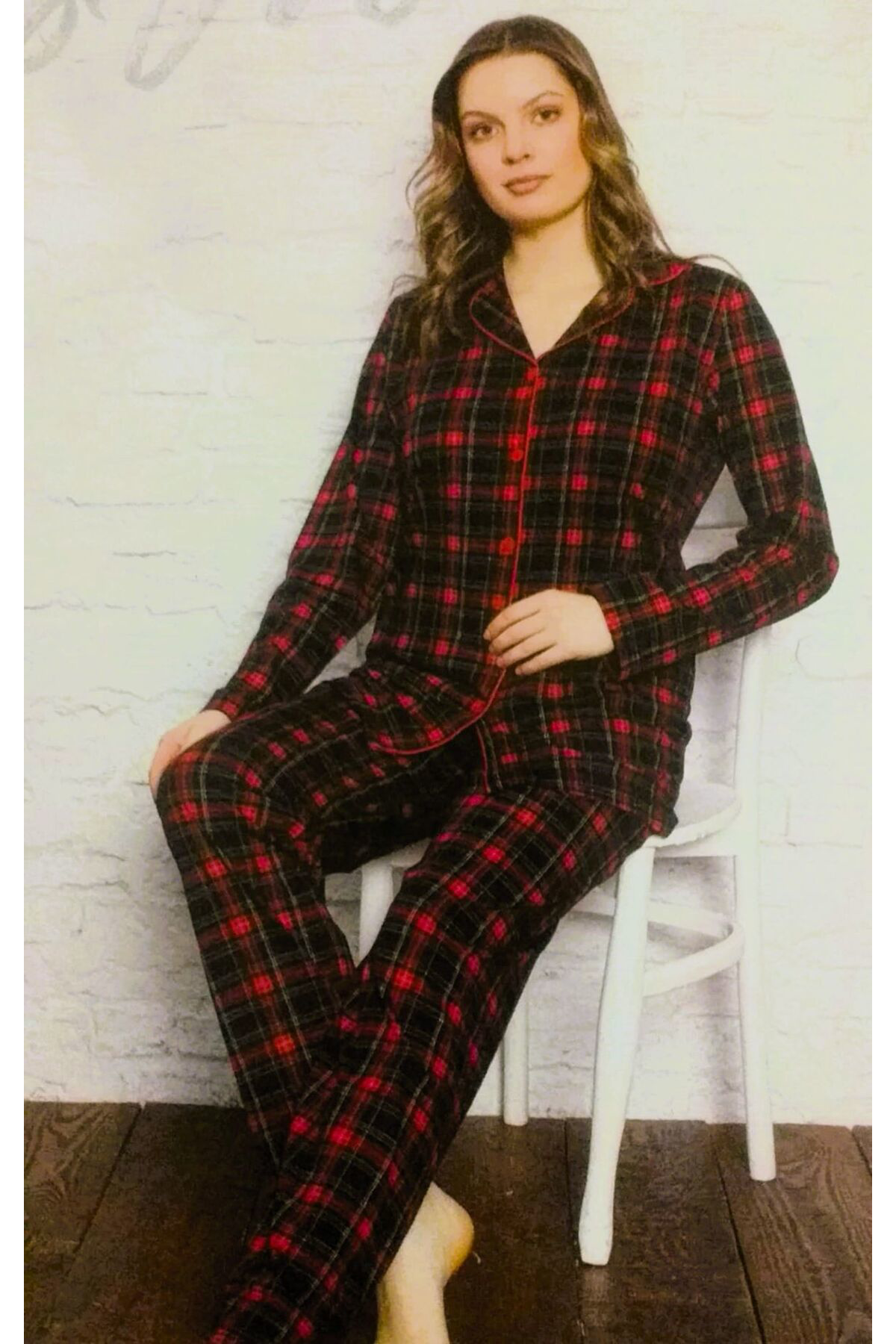 Miss Melina Önden Düğmeli Uzun Kol Pijama Takımı Kırmızı Ekoselii