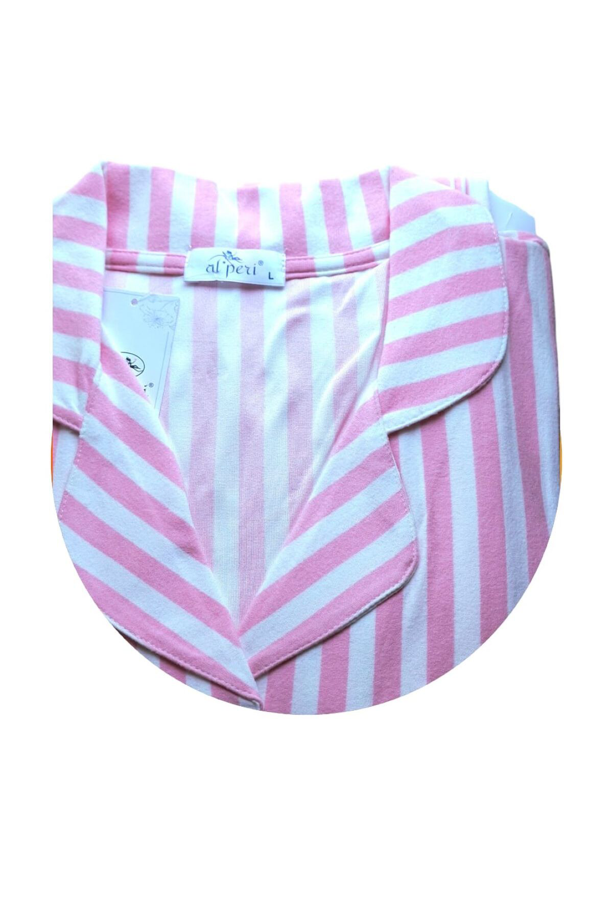 Önden Düğmeli Uzun Kol Kadın Pijama Takımı Pembe Çizgili